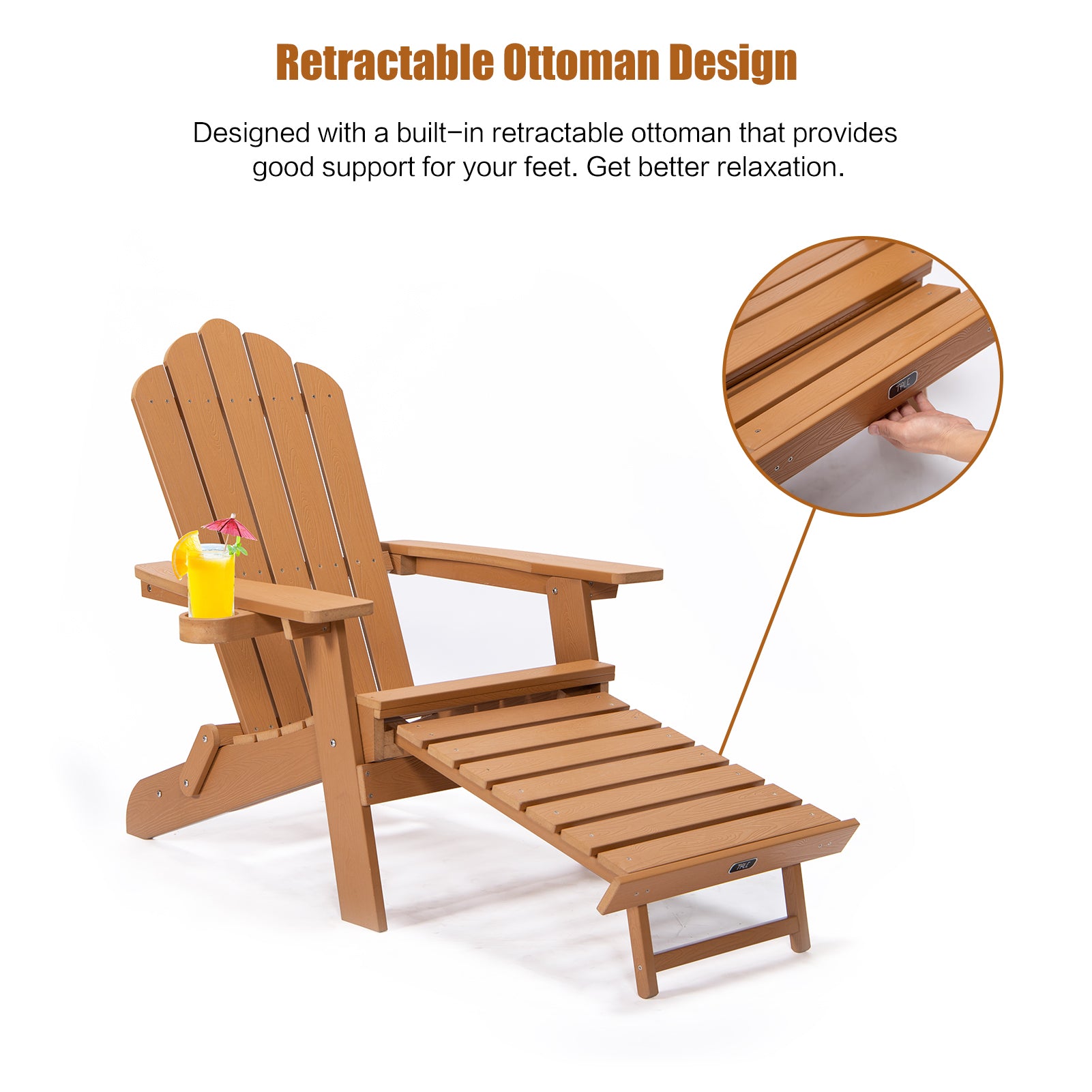 Tale Folding Adirondack Chair With Pullout Ottoman With Cup Holder, Oversized, Poly Lumber, For Patio Deck Garden, Backyard Furniture, Easy To Install,Brown. Ban On Brown Wood Polyethylene