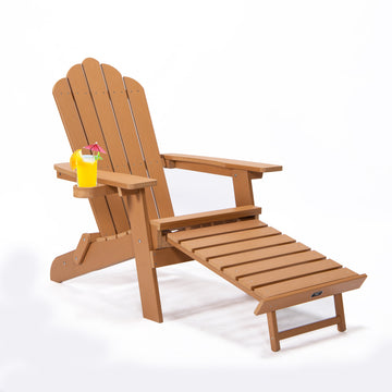 Tale Folding Adirondack Chair With Pullout Ottoman With Cup Holder, Oversized, Poly Lumber, For Patio Deck Garden, Backyard Furniture, Easy To Install,Brown. Ban On Brown Wood Polyethylene