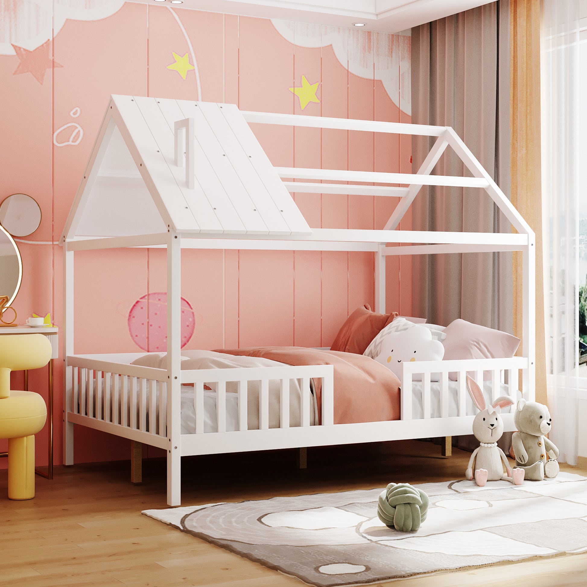 Full Size Wood House Bed With Fence, White White Solid Wood