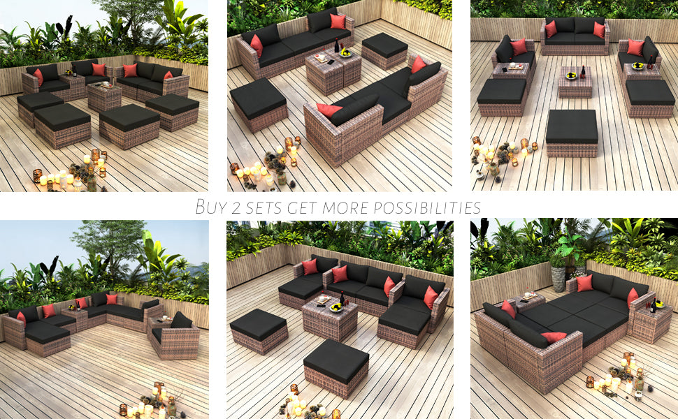 10 Pieces Outdoor Patio Garden Brown Wicker Sectional Conversation Sofa Set With Black Cushions And Red Pillows,W Furniture Protection Cover Yes Brown Seats 8 Mildew Resistant Frame Garden & Outdoor