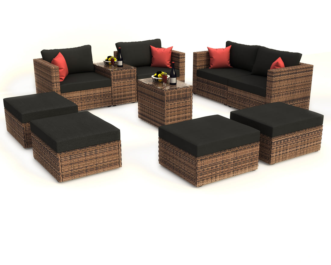 10 Pieces Outdoor Patio Garden Brown Wicker Sectional Conversation Sofa Set With Black Cushions And Red Pillows,W Furniture Protection Cover Yes Brown Seats 8 Mildew Resistant Frame Garden & Outdoor