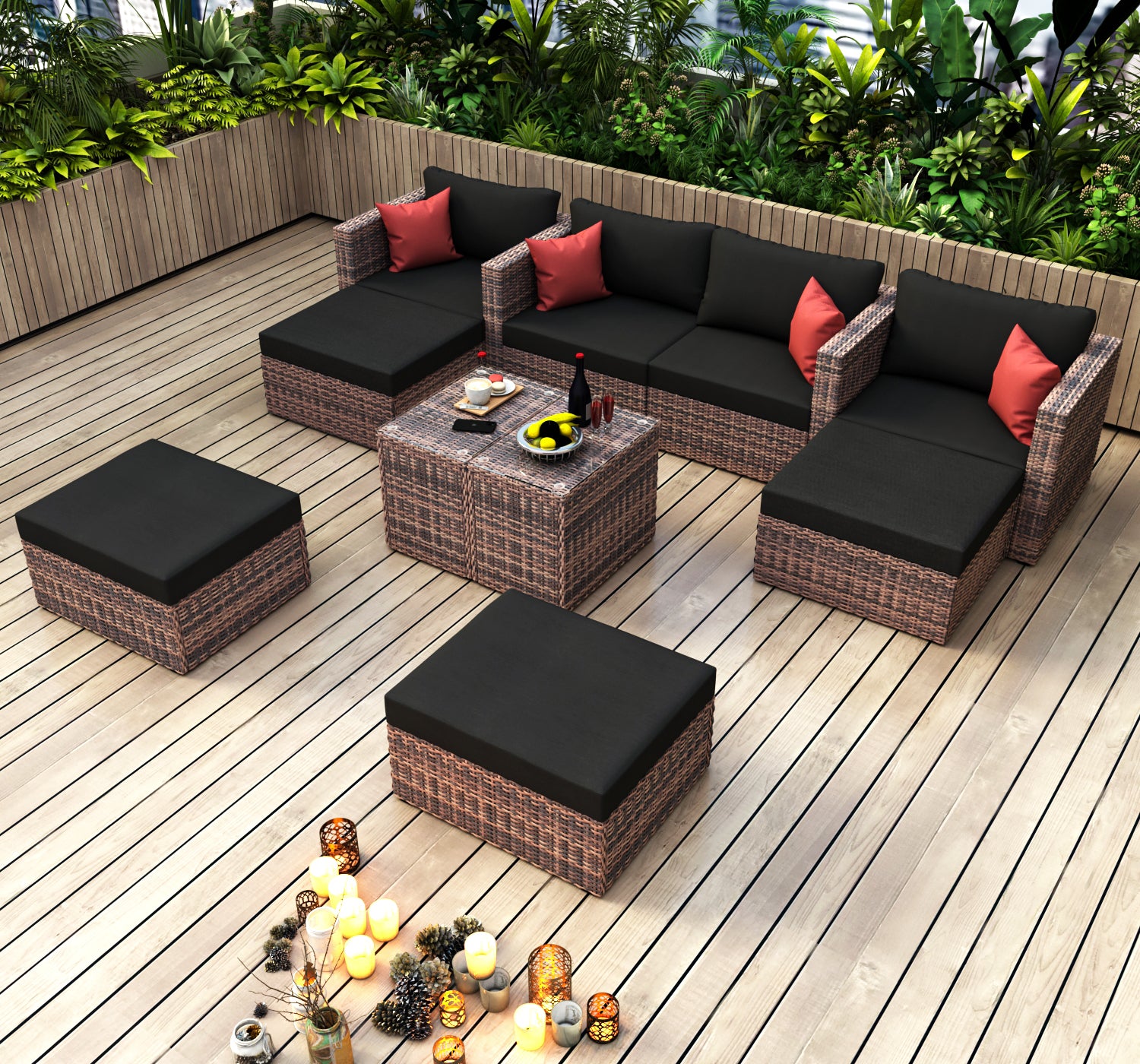 10 Pieces Outdoor Patio Garden Brown Wicker Sectional Conversation Sofa Set With Black Cushions And Red Pillows,W Furniture Protection Cover Yes Brown Seats 8 Mildew Resistant Frame Garden & Outdoor