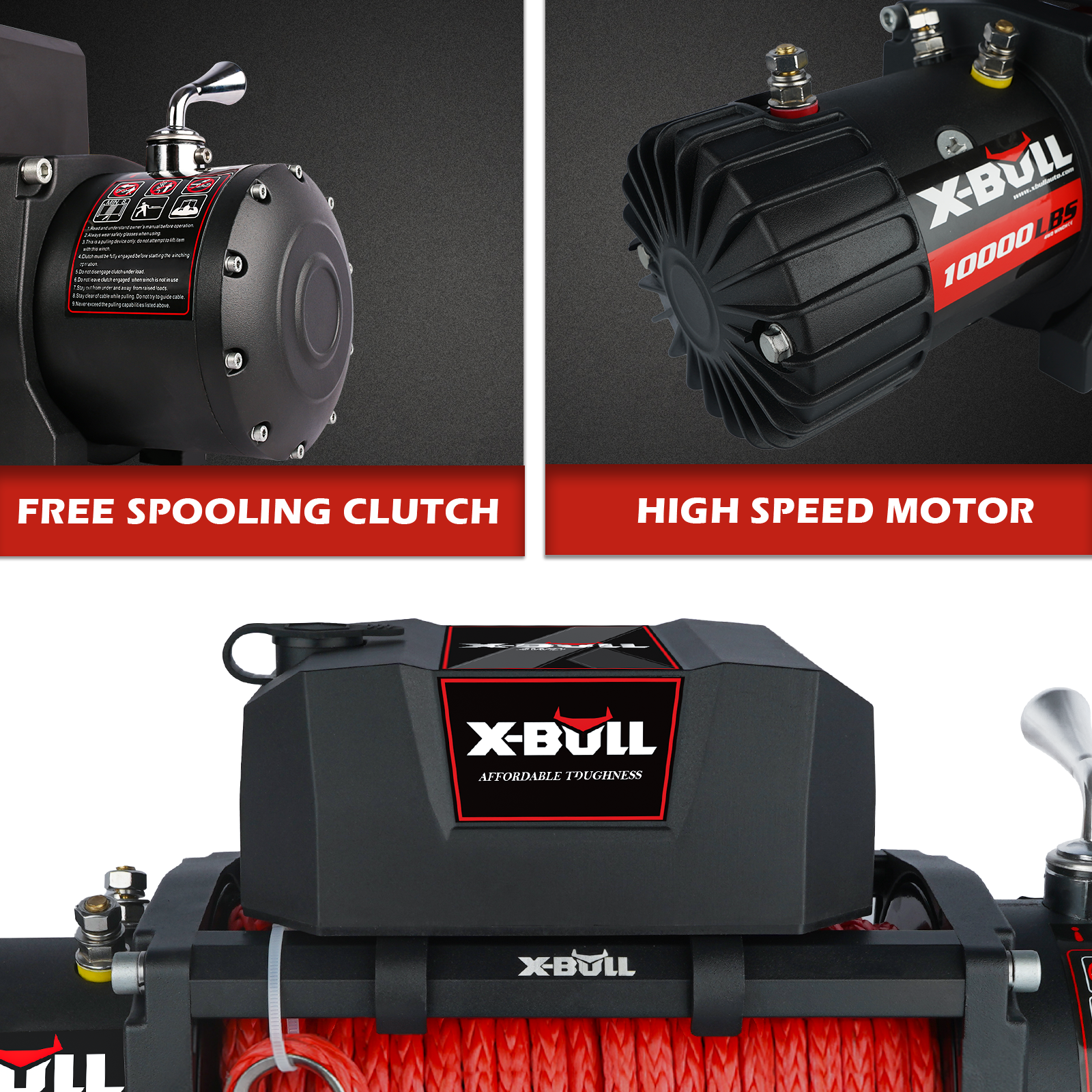 Electric Winch 10000 Lbs 12V Synthetic Rope Load Capacity Red Rope Jeep Towing Truck Off Road Black Aluminium