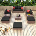 10 Pieces Outdoor Patio Garden Brown Wicker Sectional Conversation Sofa Set With Black Cushions And Red Pillows,W Furniture Protection Cover Yes Brown Seats 8 Mildew Resistant Frame Garden & Outdoor
