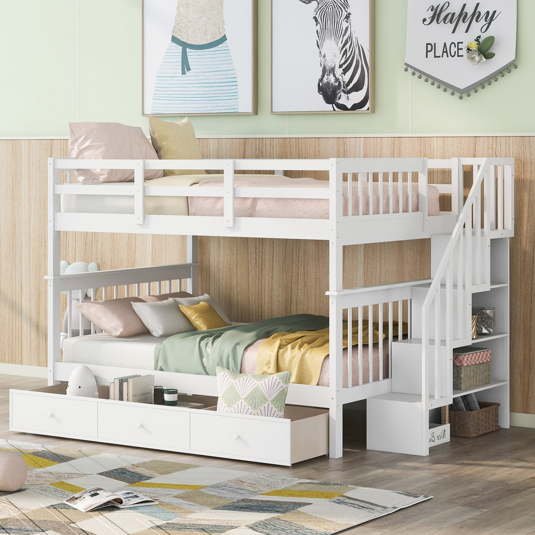 Stairway Full Over Full Bunk Bed With Drawer, Storage And Guard Rail For Bedroom, White Old Sku: Lp000310Aak White Solid Wood