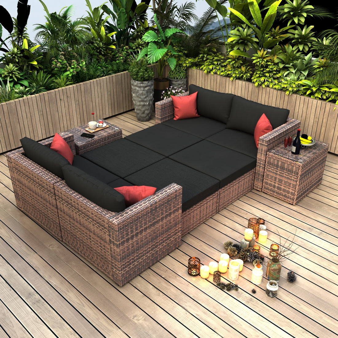 10 Pieces Outdoor Patio Garden Brown Wicker Sectional Conversation Sofa Set With Black Cushions And Red Pillows,W Furniture Protection Cover Yes Brown Seats 8 Mildew Resistant Frame Garden & Outdoor