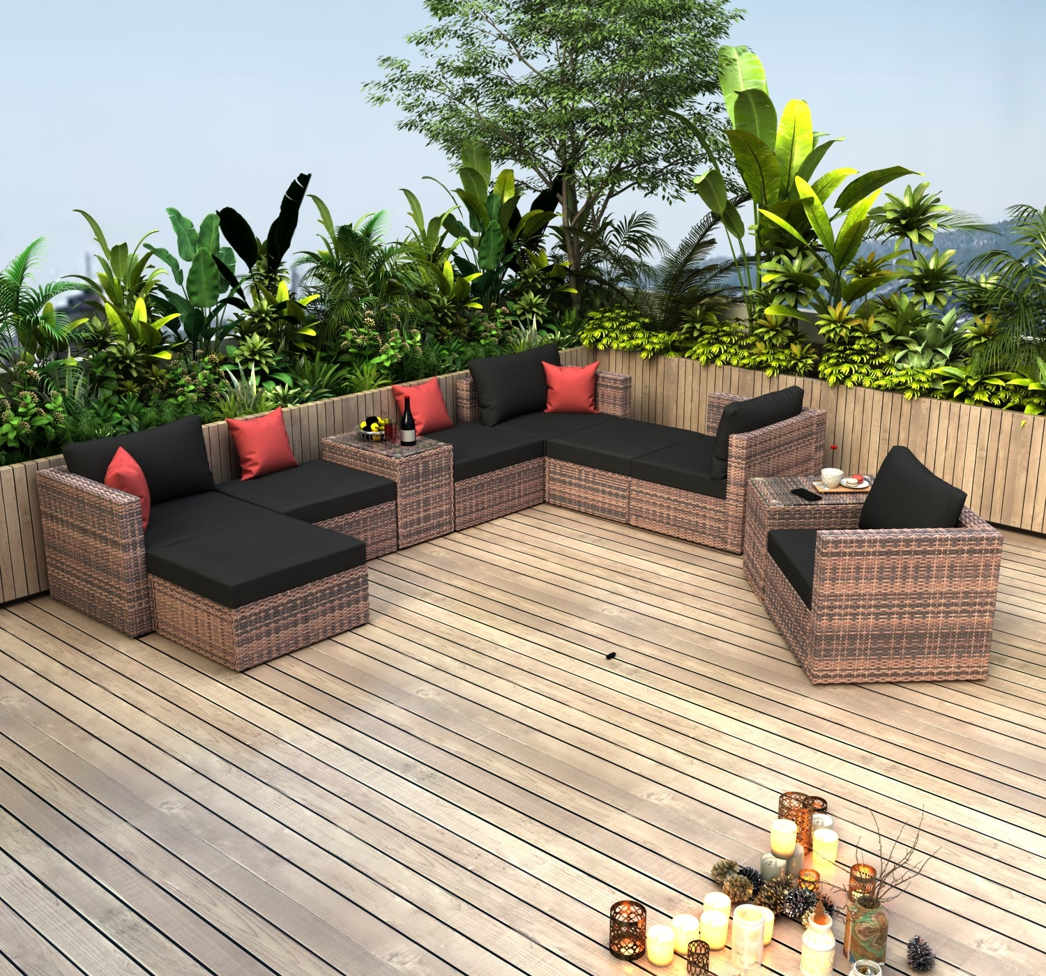 10 Pieces Outdoor Patio Garden Brown Wicker Sectional Conversation Sofa Set With Black Cushions And Red Pillows,W Furniture Protection Cover Yes Brown Seats 8 Mildew Resistant Frame Garden & Outdoor