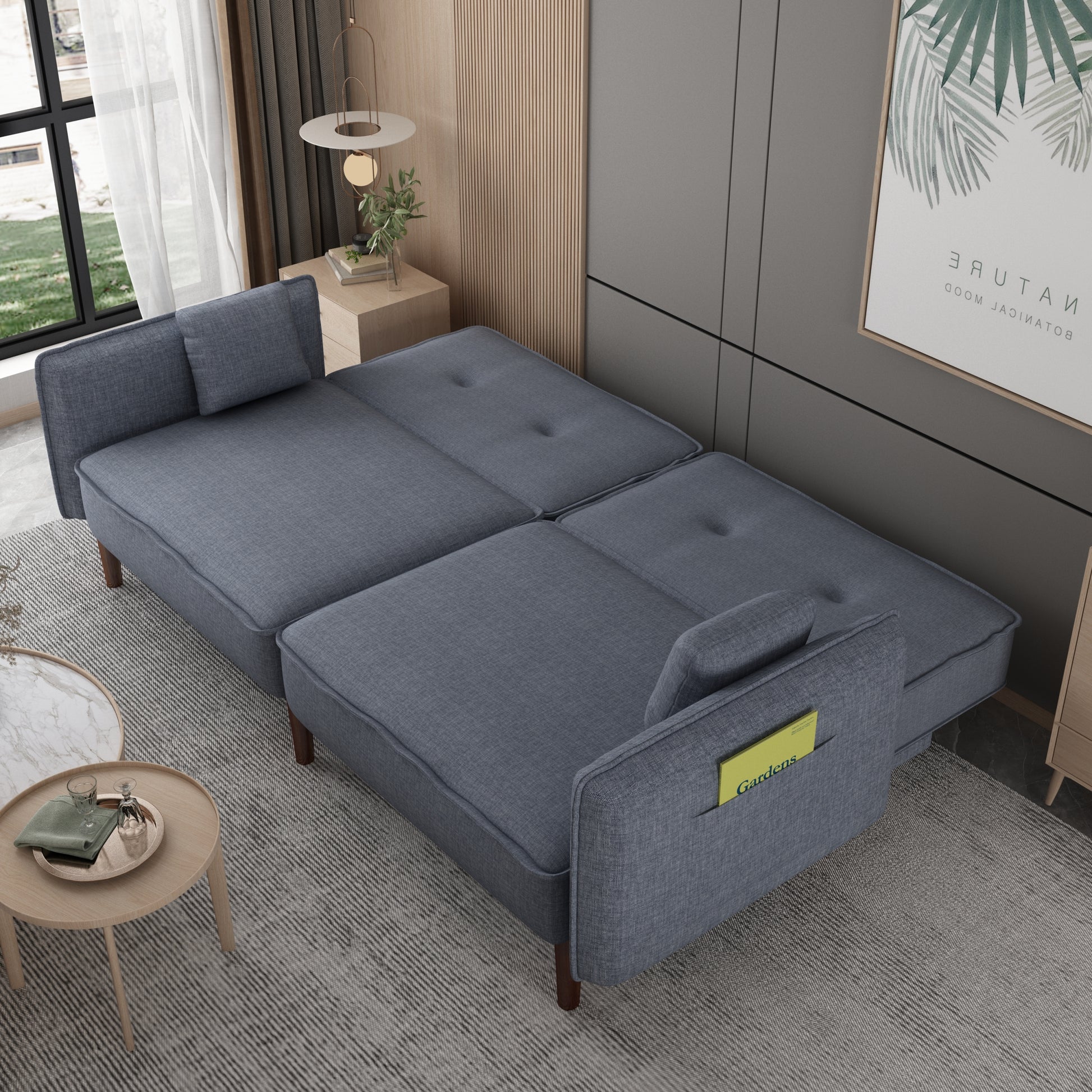 Futon Sofa Bed With Solid Wood Leg In Grey Fabric Grey Foam Fabric