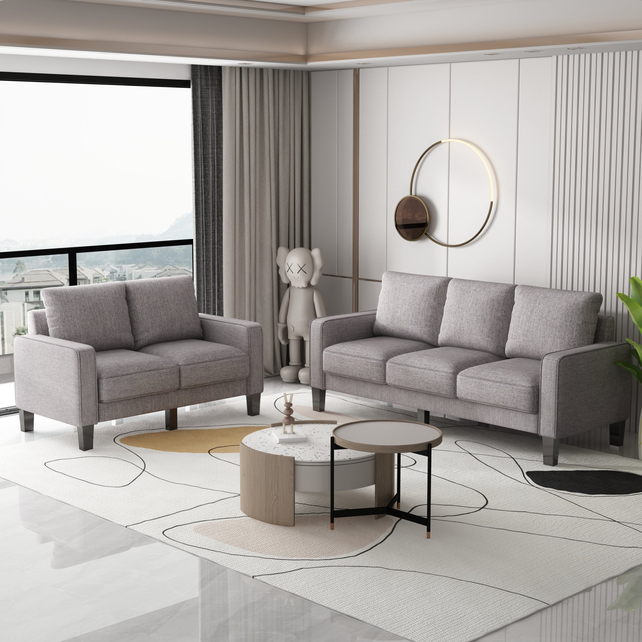 Modern Living Room Furniture Sofa In Light Grey Fabric 2 3 Seat Light Grey Foam Fabric