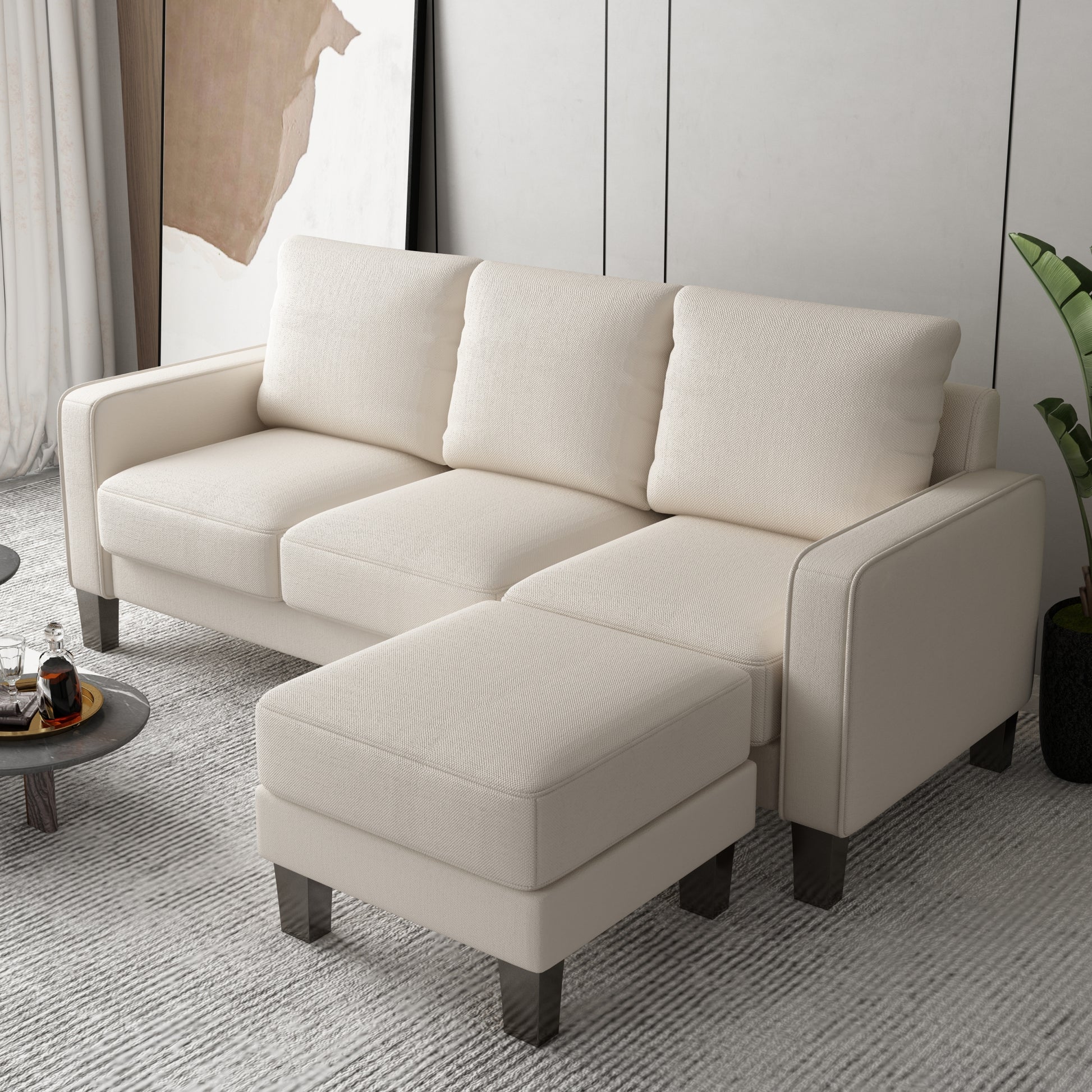 Modern Living Room Furniture L Shape Sofa With Ottoman In Beige Fabric Beige Foam Fabric