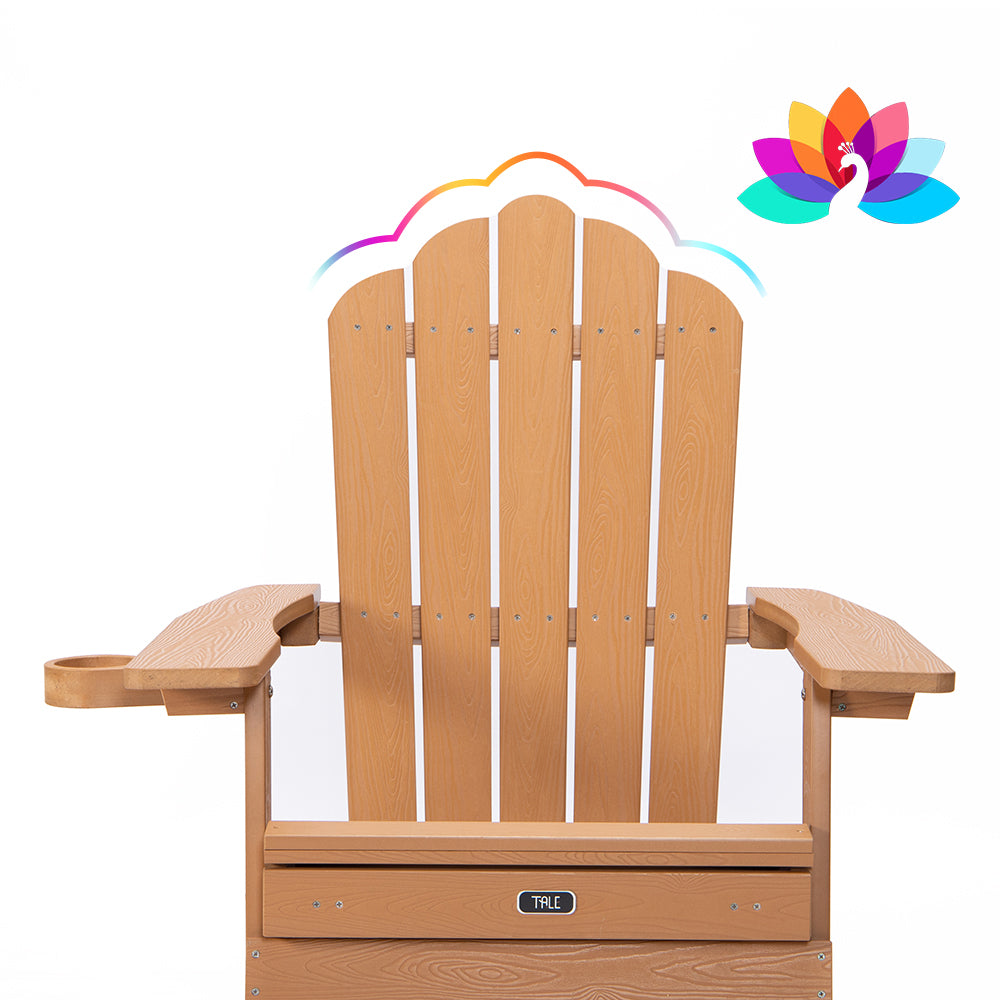 Tale Folding Adirondack Chair With Pullout Ottoman With Cup Holder, Oversized, Poly Lumber, For Patio Deck Garden, Backyard Furniture, Easy To Install,Brown. Ban On Brown Wood Polyethylene