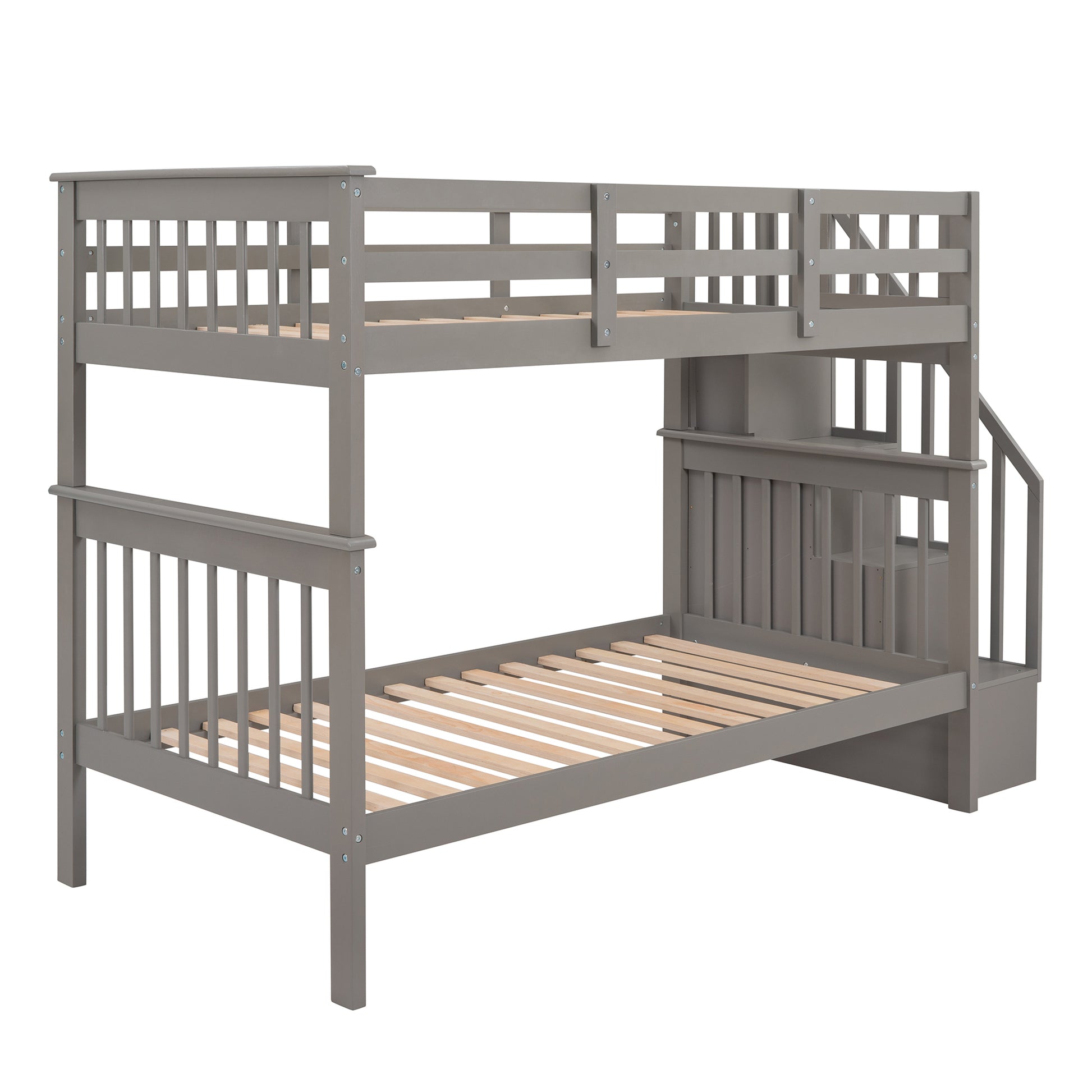 Stairway Twin Over Twin Bunk Bed With Storage And Guard Rail For Bedroom, Dorm, Gray Color Old Sku :Lp000109Aae Gray Solid Wood