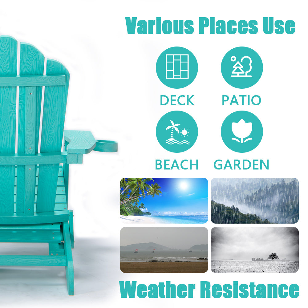 Tale Folding Adirondack Chair With Pullout Ottoman With Cup Holder, Oversized, Poly Lumber, For Patio Deck Garden, Backyard Furniture, Easy To Install,Green. Ban On Green Wood Polyethylene