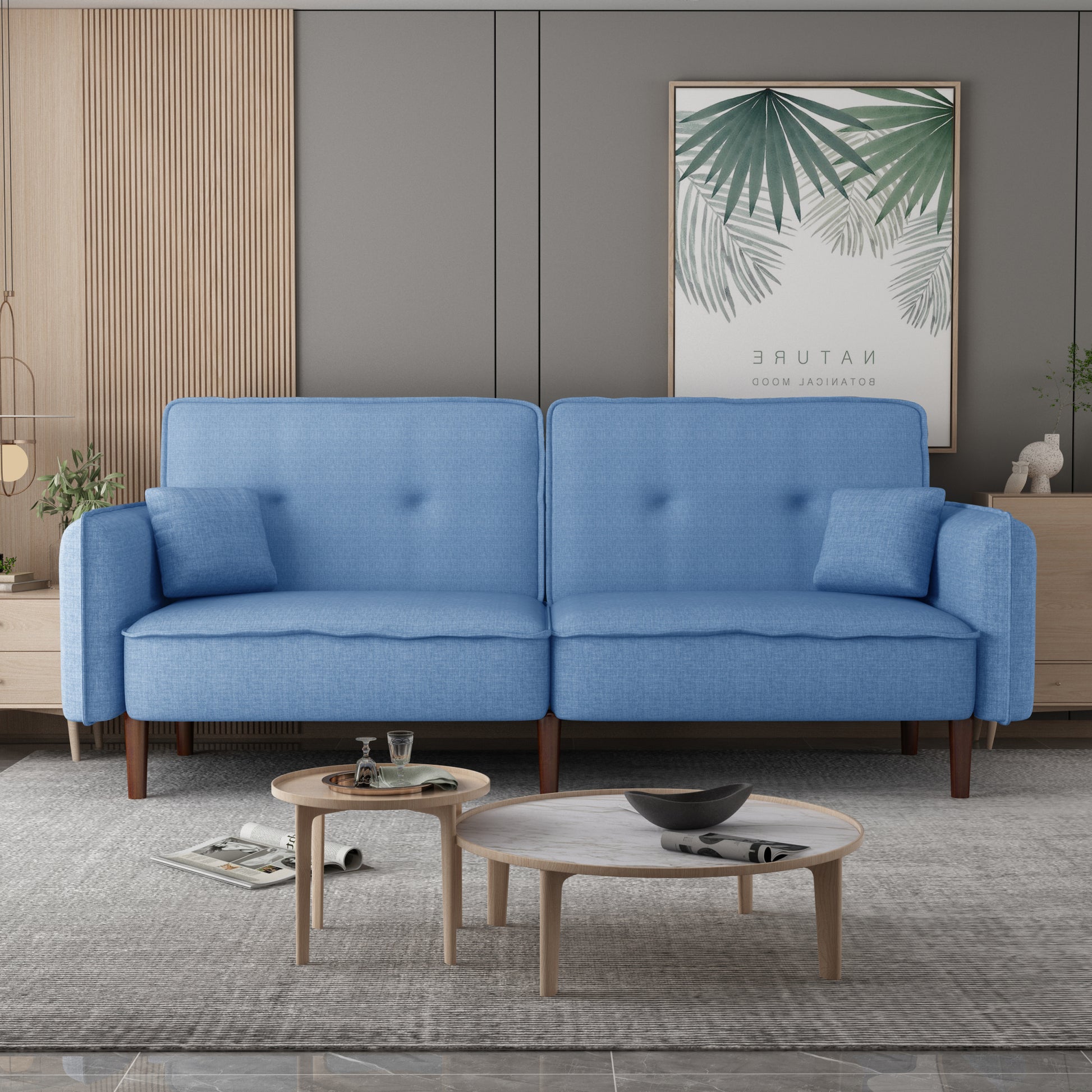 Living Room Bed Room Leisure Futon Sofa Bed In Blue Fabric With Solid Wood Leg Blue Foam Fabric