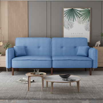 Living Room Bed Room Leisure Futon Sofa Bed In Blue Fabric With Solid Wood Leg Blue Foam Fabric