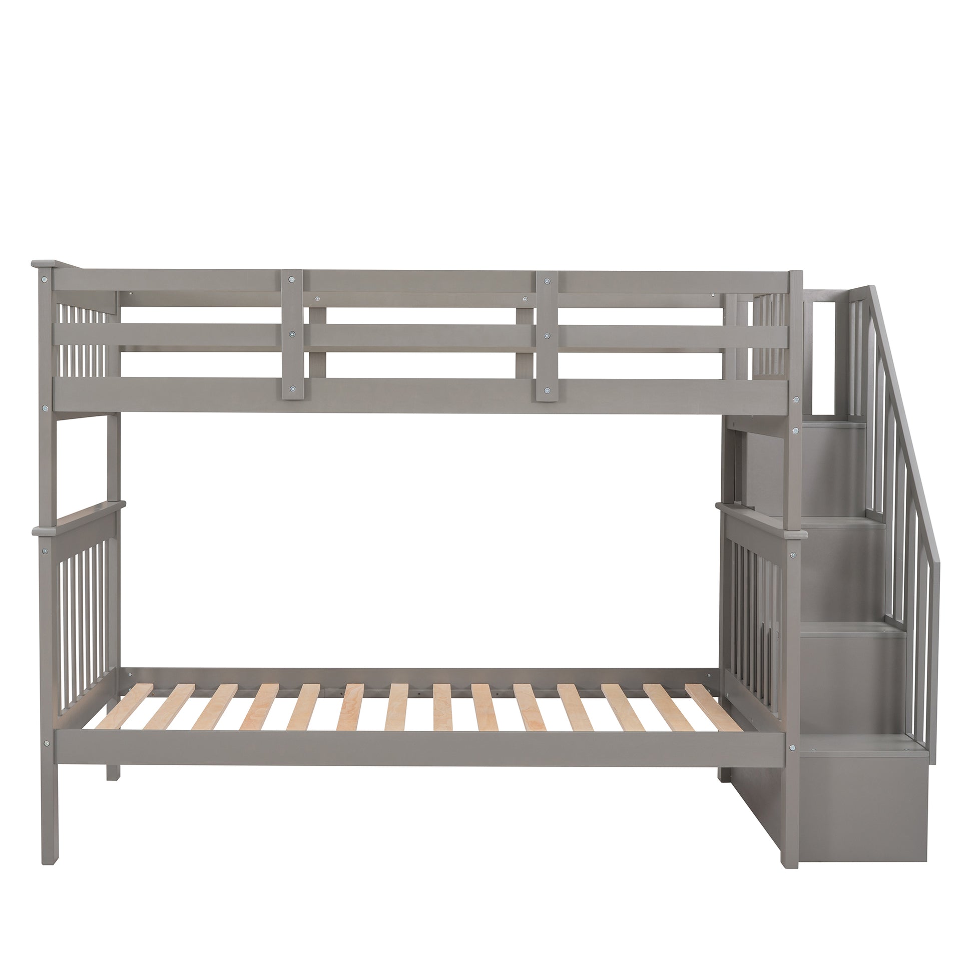 Stairway Twin Over Twin Bunk Bed With Storage And Guard Rail For Bedroom, Dorm, Gray Color Old Sku :Lp000109Aae Gray Solid Wood