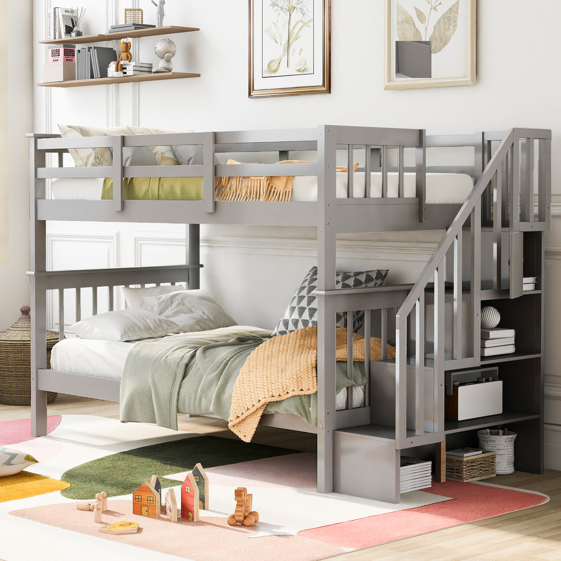 Stairway Twin Over Twin Bunk Bed With Storage And Guard Rail For Bedroom, Dorm, Gray Color Old Sku :Lp000109Aae Gray Solid Wood