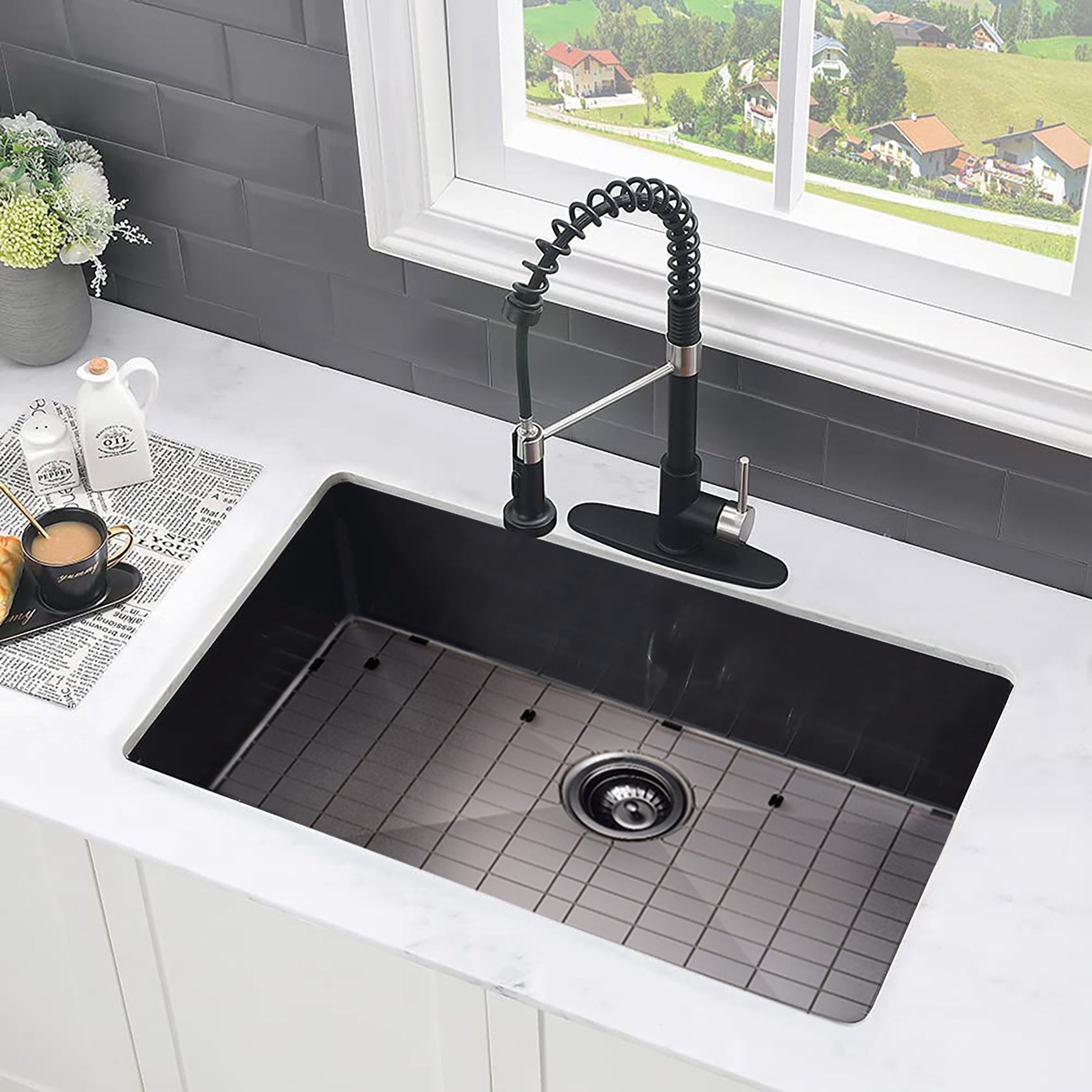 32" L X 18" W Undermount Kitchen Sink With Sink Grid Gunmetal Black Stainless Steel