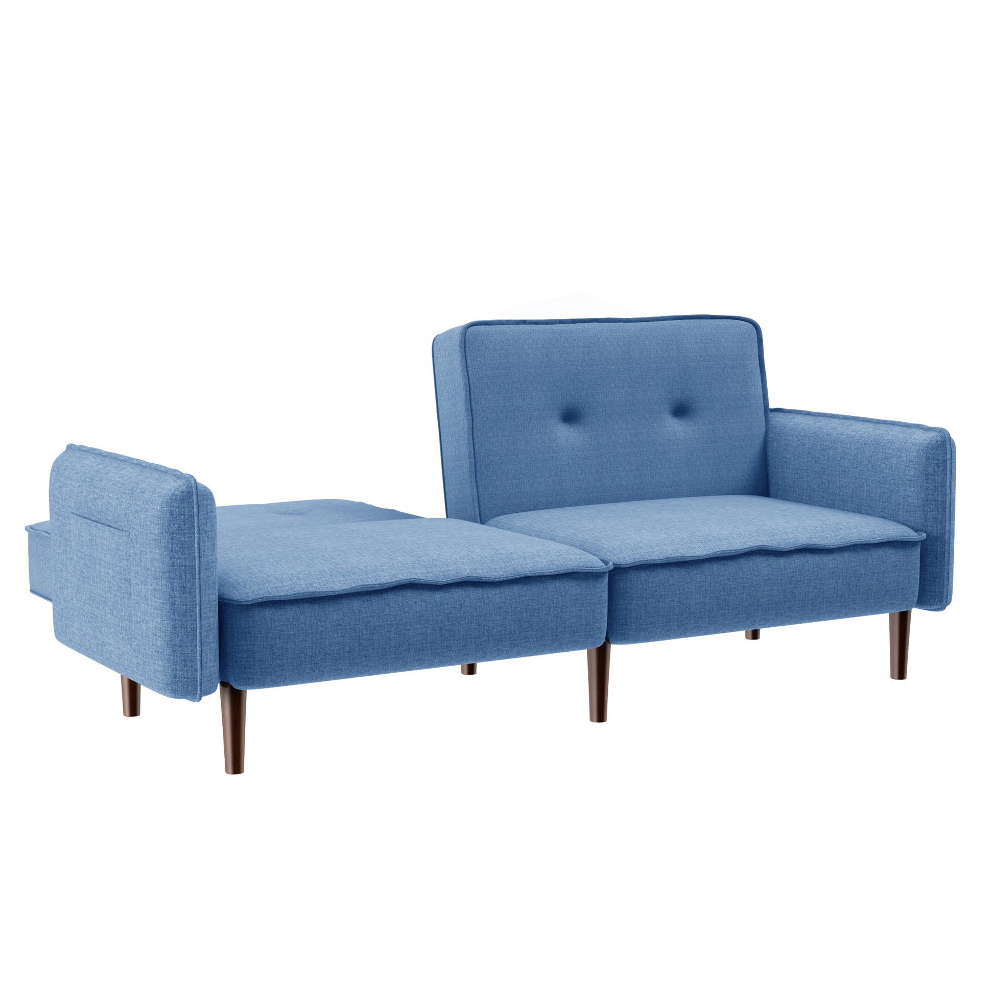 Living Room Bed Room Leisure Futon Sofa Bed In Blue Fabric With Solid Wood Leg Blue Foam Fabric