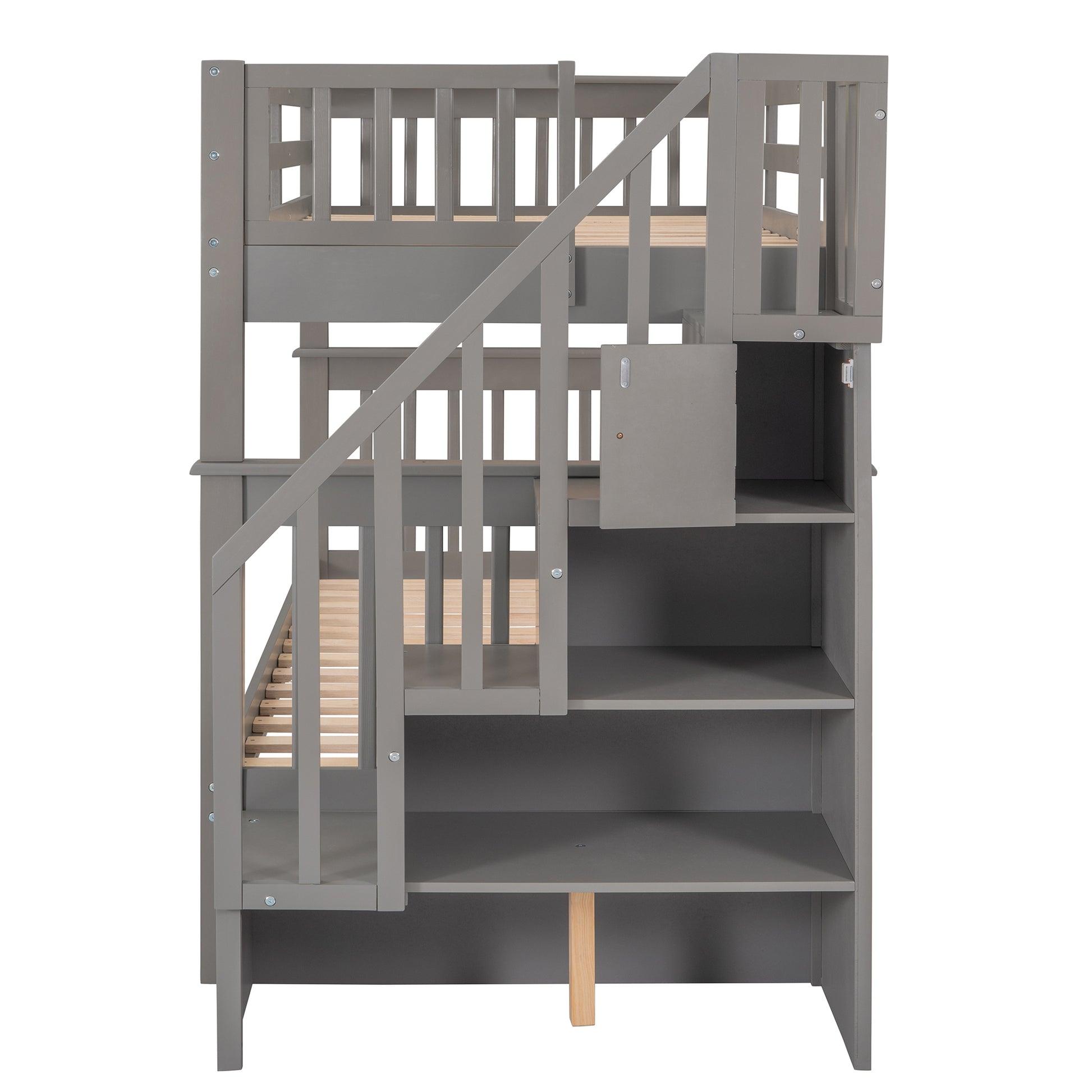 Stairway Twin Over Twin Bunk Bed With Storage And Guard Rail For Bedroom, Dorm, Gray Color Old Sku :Lp000109Aae Gray Solid Wood