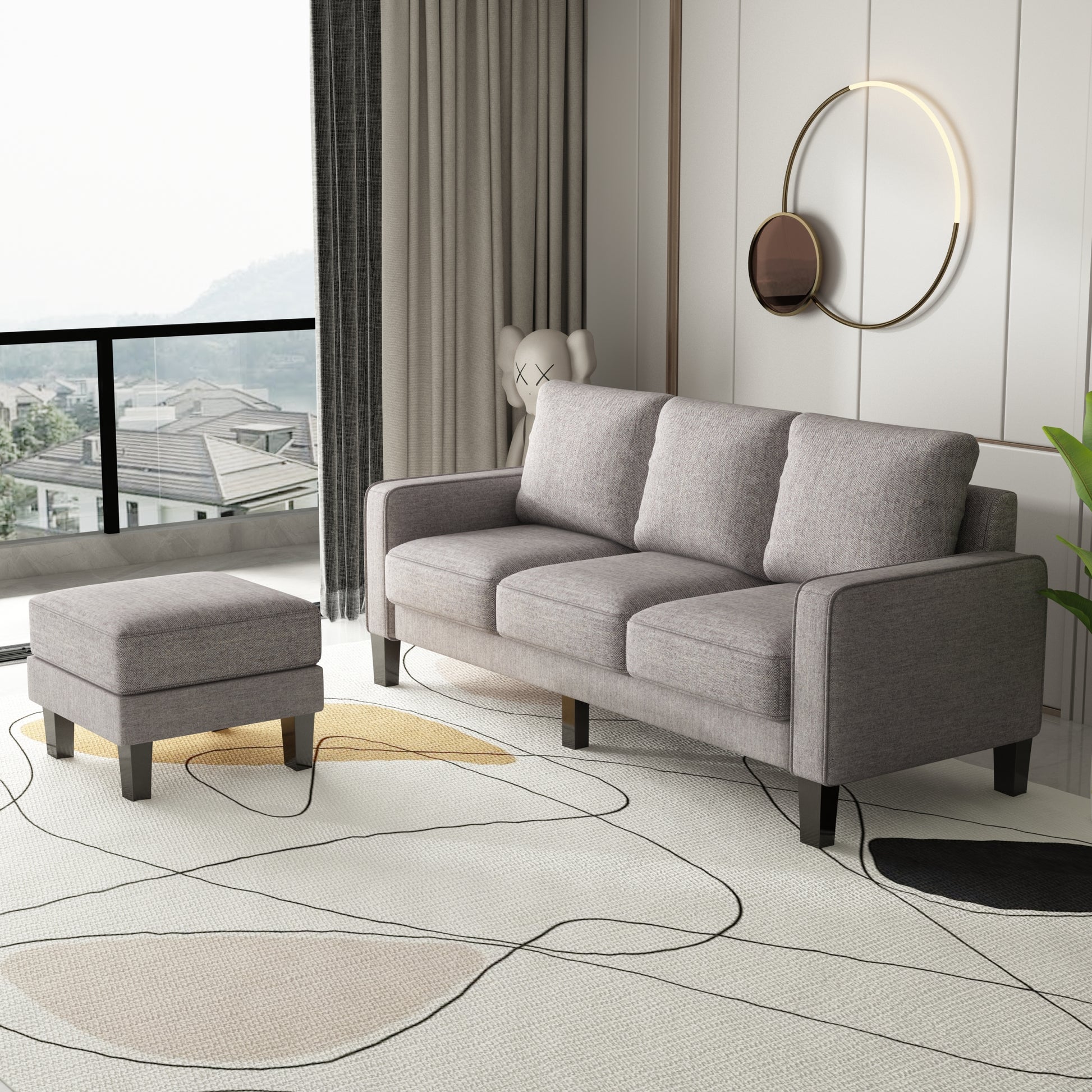 Modern Living Room Furniture L Shape Sofa With Ottoman In Light Grey Fabric Light Grey Foam Fabric