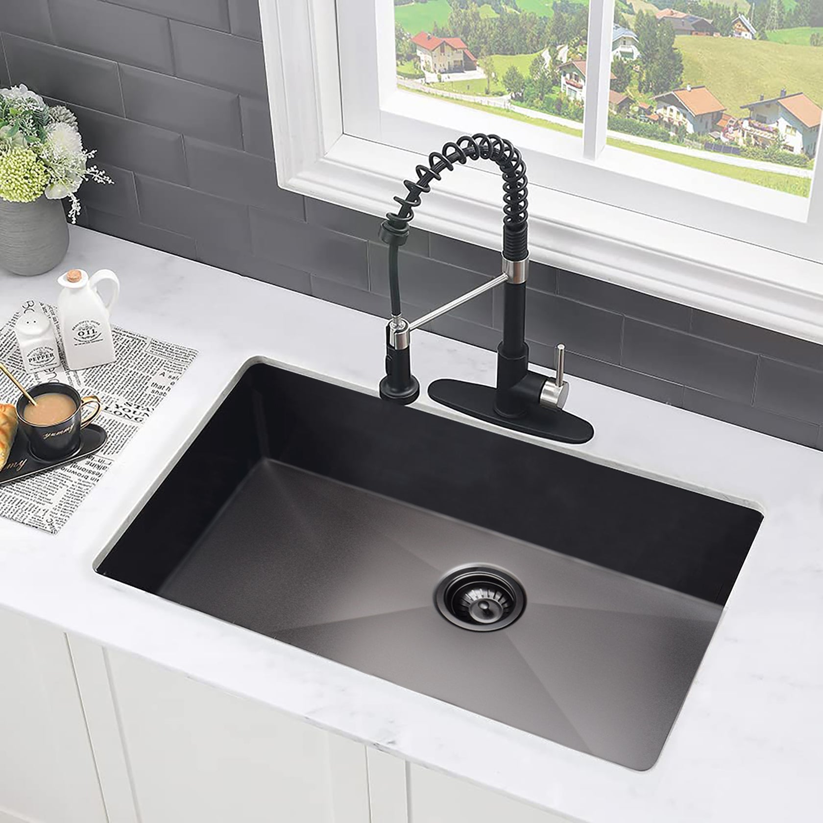 32" L X 18" W Undermount Kitchen Sink With Sink Grid Gunmetal Black Stainless Steel