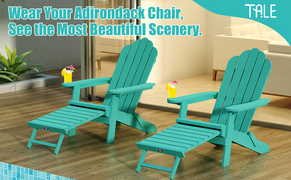 Tale Folding Adirondack Chair With Pullout Ottoman With Cup Holder, Oversized, Poly Lumber, For Patio Deck Garden, Backyard Furniture, Easy To Install,Green. Ban On Green Wood Polyethylene