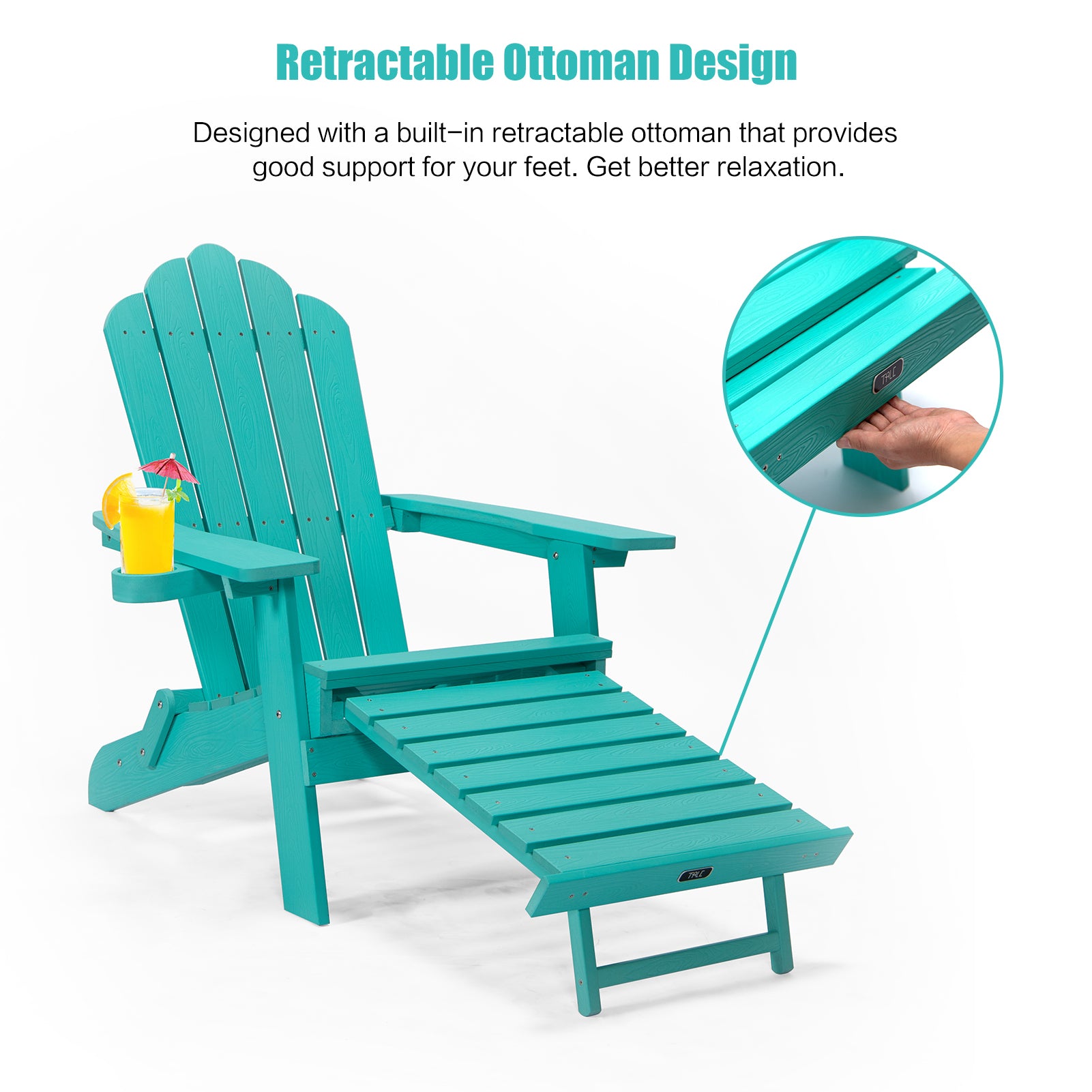 Tale Folding Adirondack Chair With Pullout Ottoman With Cup Holder, Oversized, Poly Lumber, For Patio Deck Garden, Backyard Furniture, Easy To Install,Green. Ban On Green Wood Polyethylene