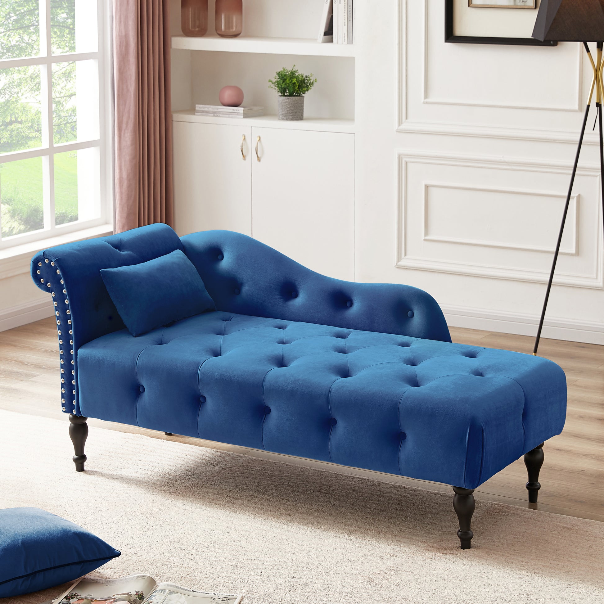 Aijia 60.6" Velvet Chaise Lounge Buttons Tufted Trimmed Solid Wood Legs With 1 Pillow,Blue Left Arm Design As Shown In The Picture Blue Velvet