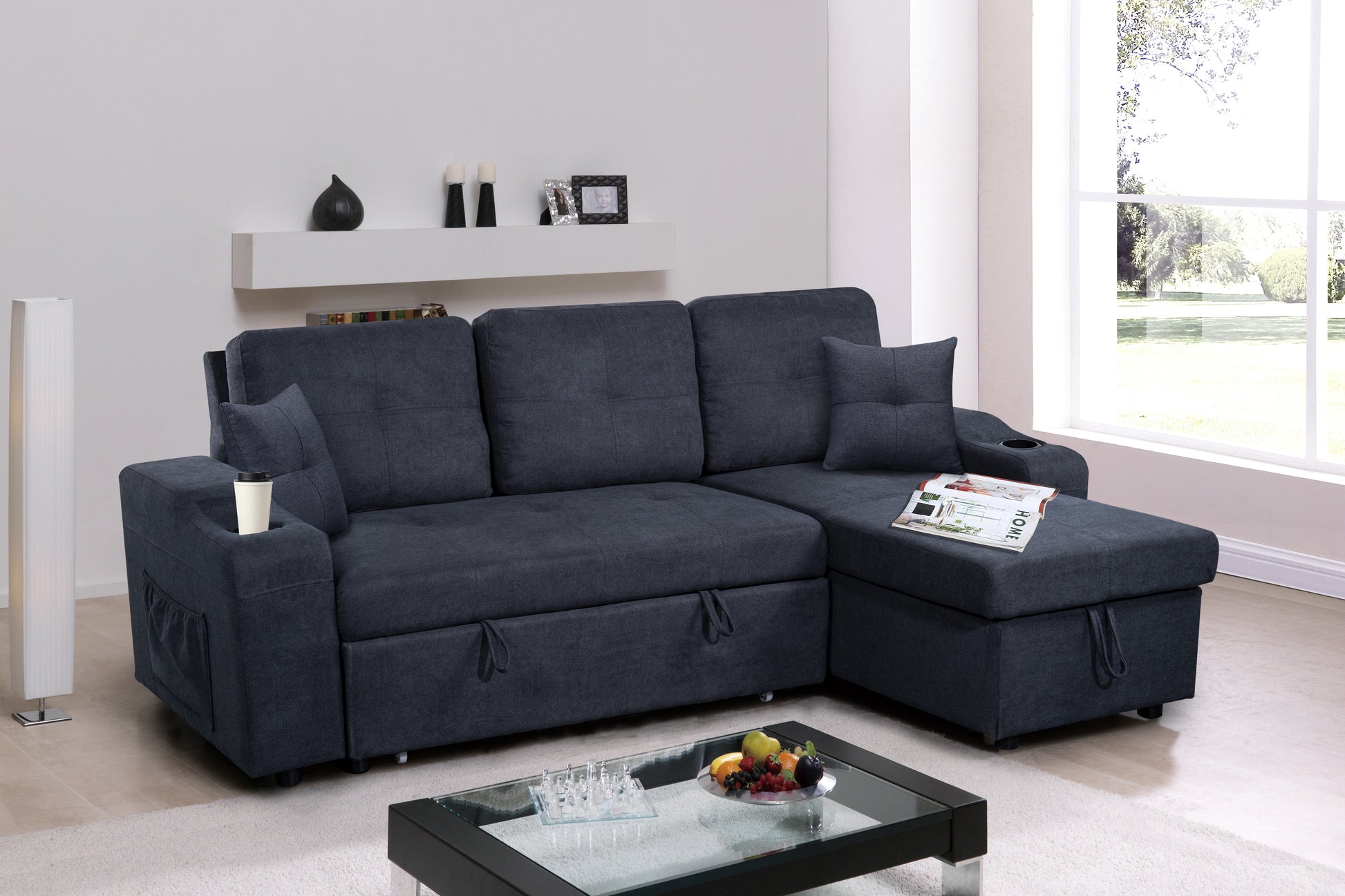 Right Facing Sectional Sofa With Footrest, Convertible Corner Sofa With Armrest Storage, Living Room And Apartment Sectional Sofa, Right Chaise Longue And Dark Grey Gray Foam Fabric