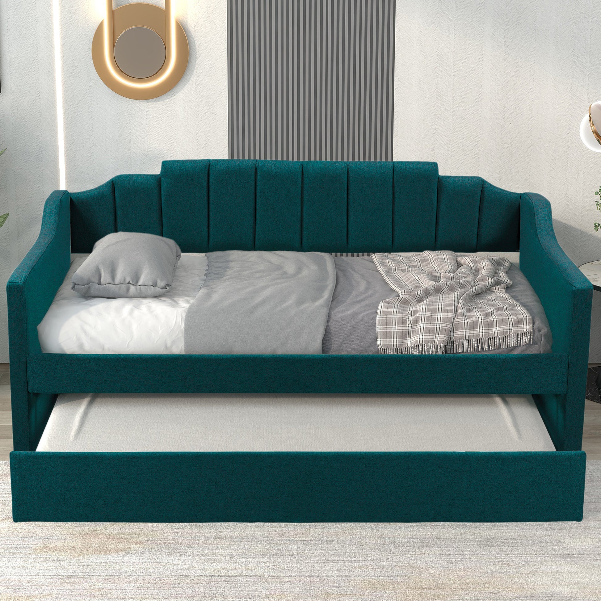 Upholstered Twin Daybed With Trundle,Green Old Sku:Sm000218Aaf Green Upholstered