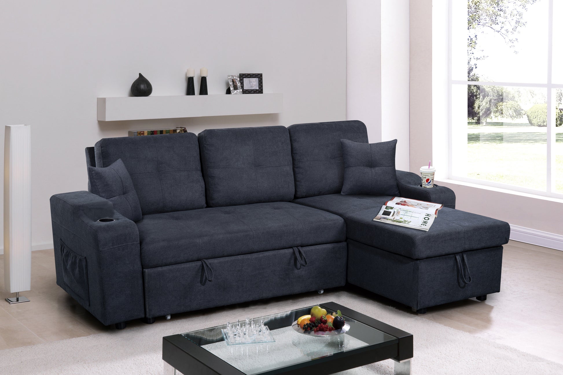 Right Facing Sectional Sofa With Footrest, Convertible Corner Sofa With Armrest Storage, Living Room And Apartment Sectional Sofa, Right Chaise Longue And Dark Grey Gray Foam Fabric