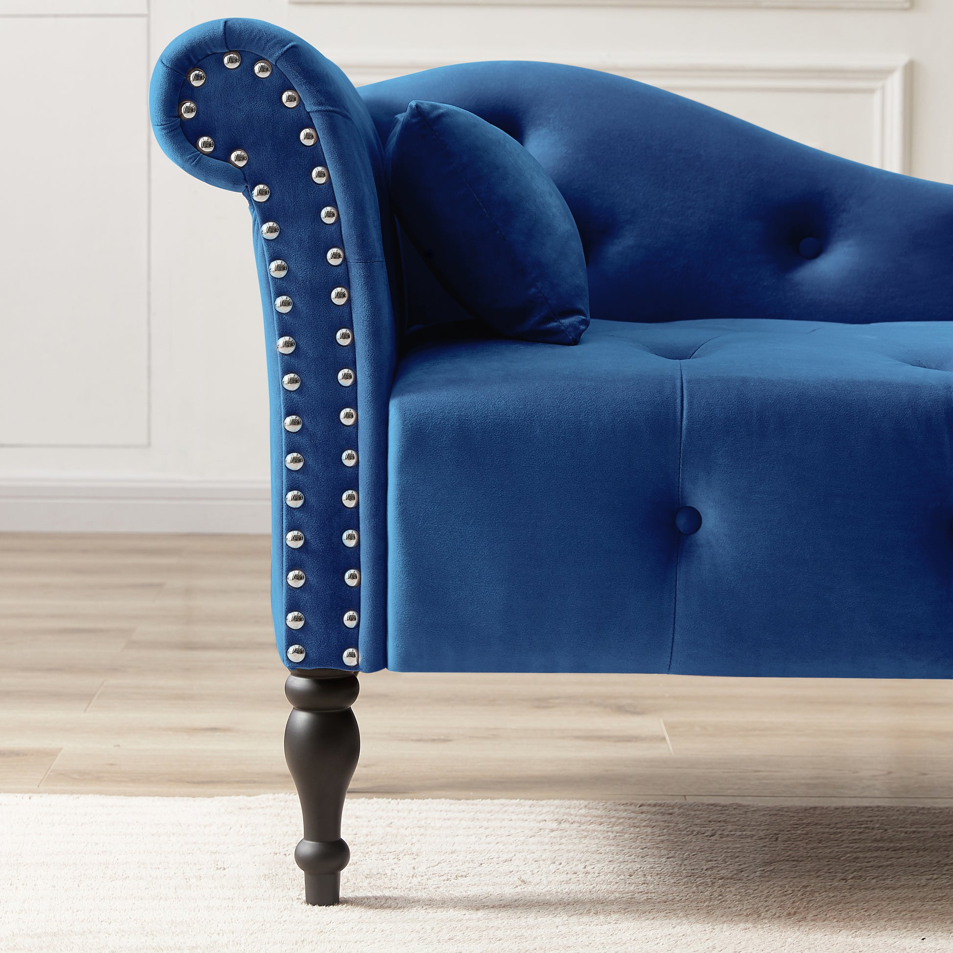 Aijia 60.6" Velvet Chaise Lounge Buttons Tufted Trimmed Solid Wood Legs With 1 Pillow,Blue Left Arm Design As Shown In The Picture Blue Velvet