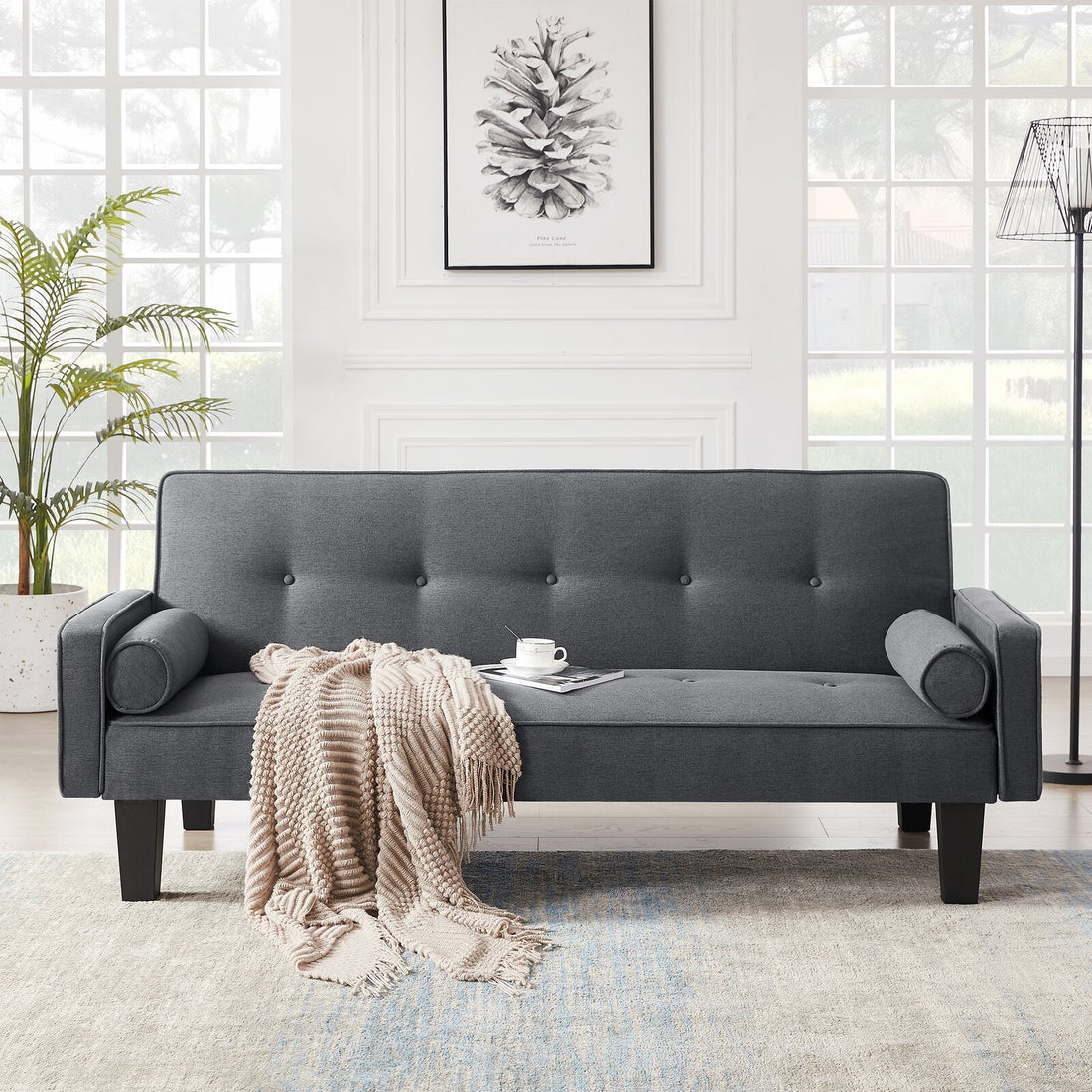 Mega Fabric Sofa, Medievalseat Sofa Furniture, With Pillows, Living Room Button Tufted Sofa, Pull Point Design Dark Grey Foam Fabric