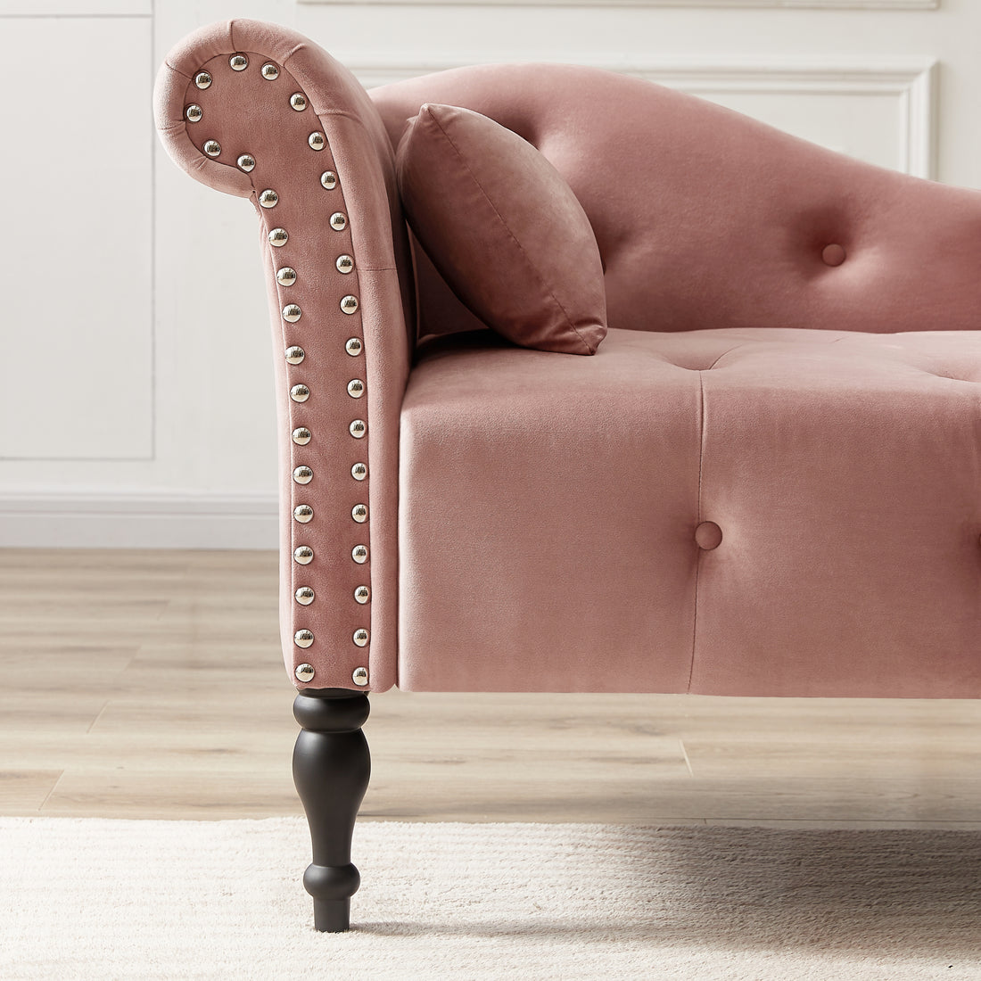 Aijia 60.6" Velvet Chaise Lounge Buttons Tufted Trimmed Solid Wood Legs With 1 Pillow,Rose Left Arm Design As Shown In The Picture Rose Velvet