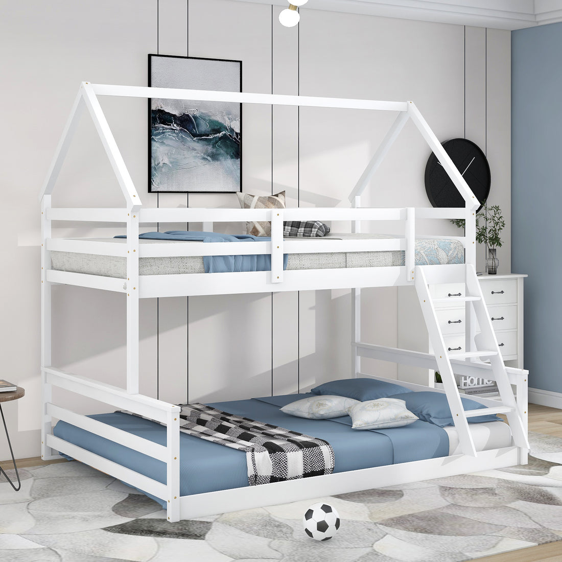 Twin Over Full House Bunk Bed With Built In Ladder,White White Pine