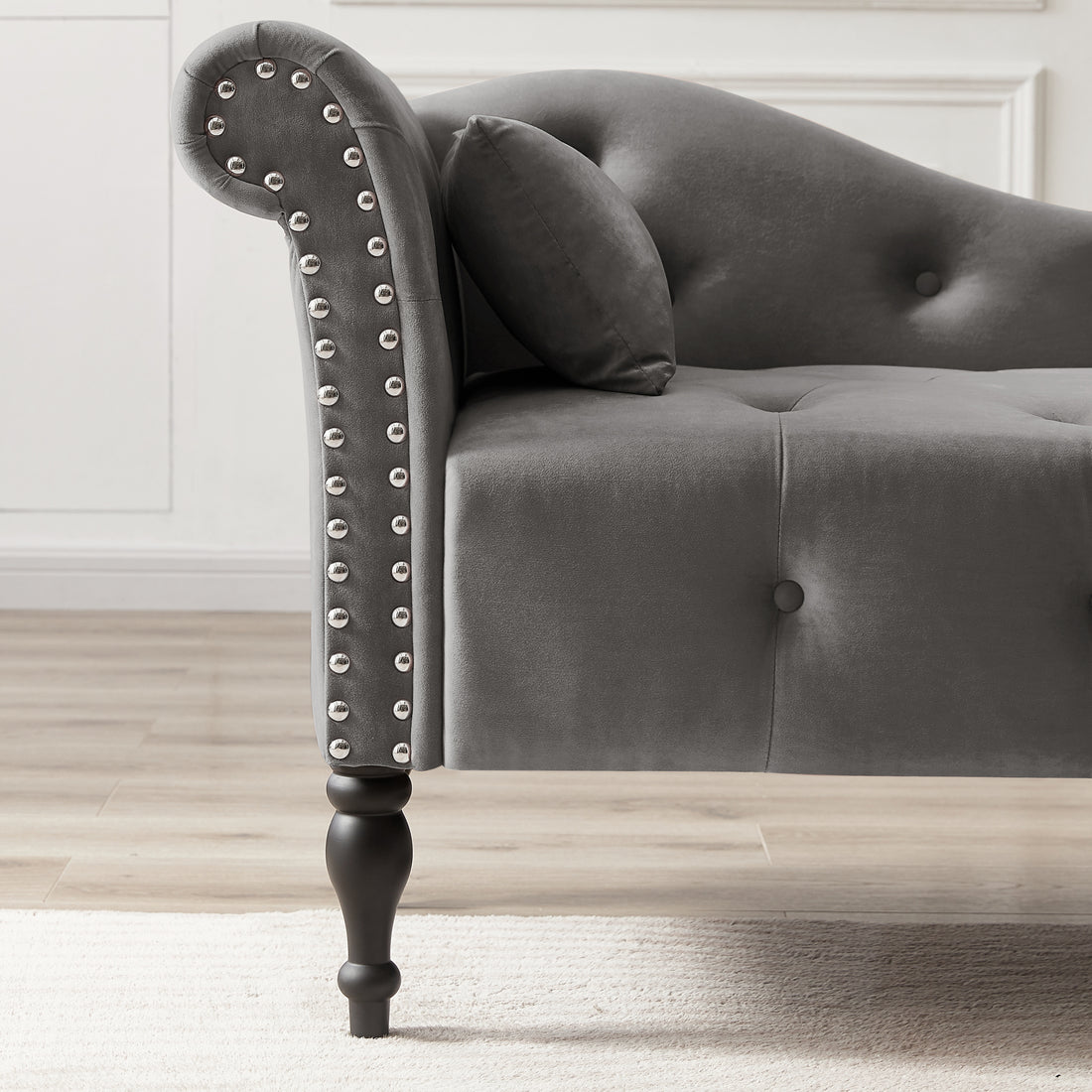 Aijia 60.6" Velvet Chaise Lounge Buttons Tufted Trimmed Solid Wood Legs With 1 Pillow,Grey Left Arm Design As Shown In The Picture Grey Velvet