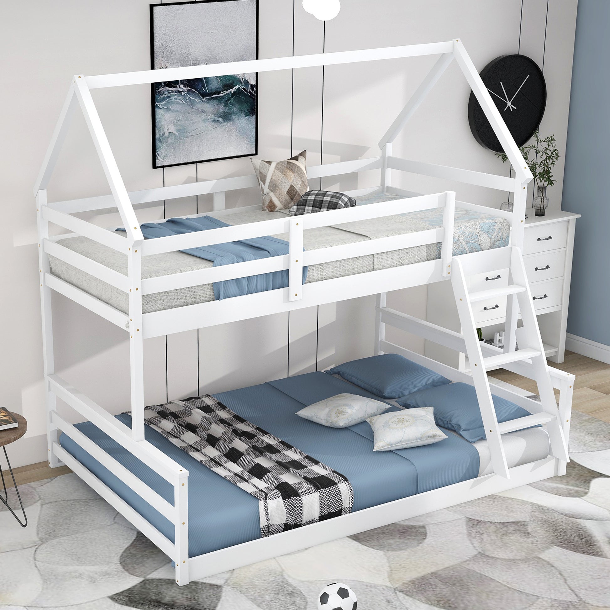 Twin Over Full House Bunk Bed With Built In Ladder,White White Pine