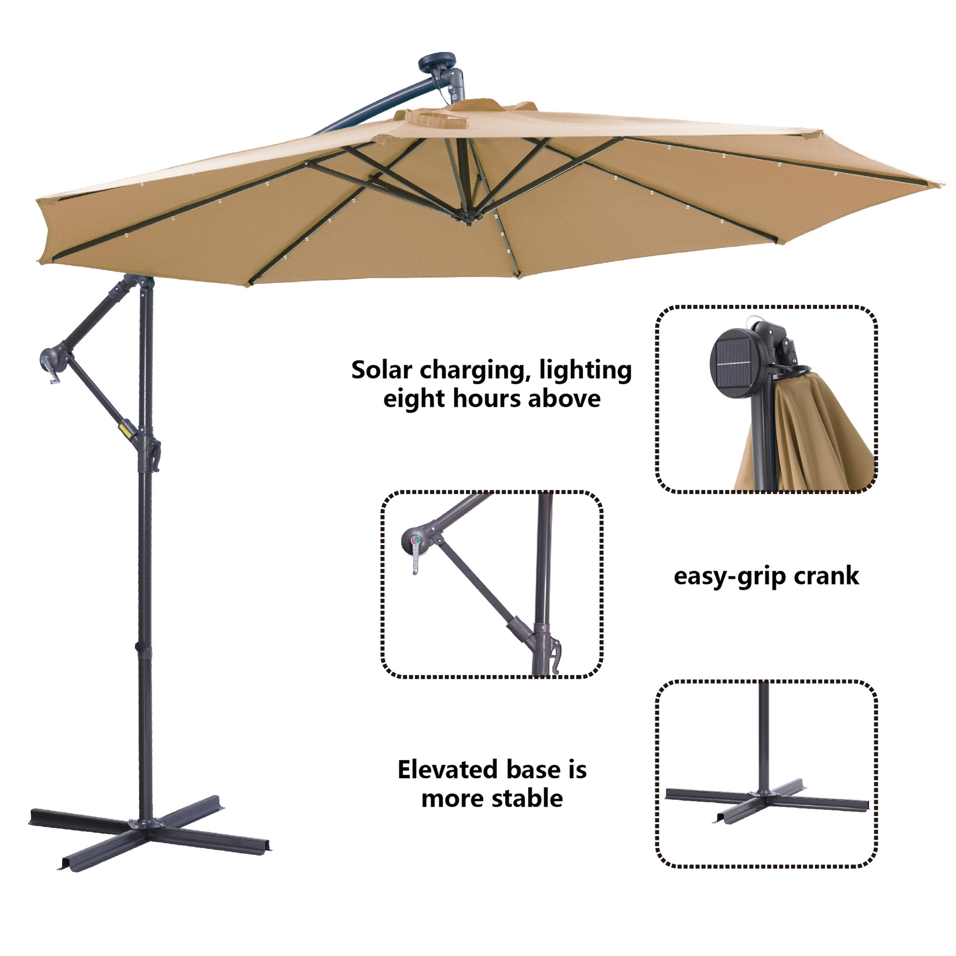 10 Ft Solar Led Patio Outdoor Umbrella Hanging Cantilever Umbrella Offset Umbrella Easy Open Adustment With 32 Led Lights Taupe Taupe Metal