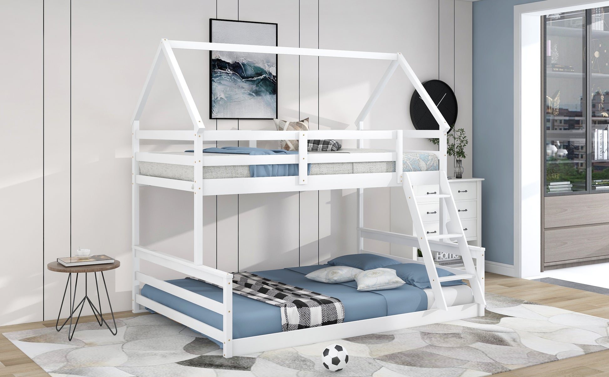 Twin Over Full House Bunk Bed With Built In Ladder,White White Pine