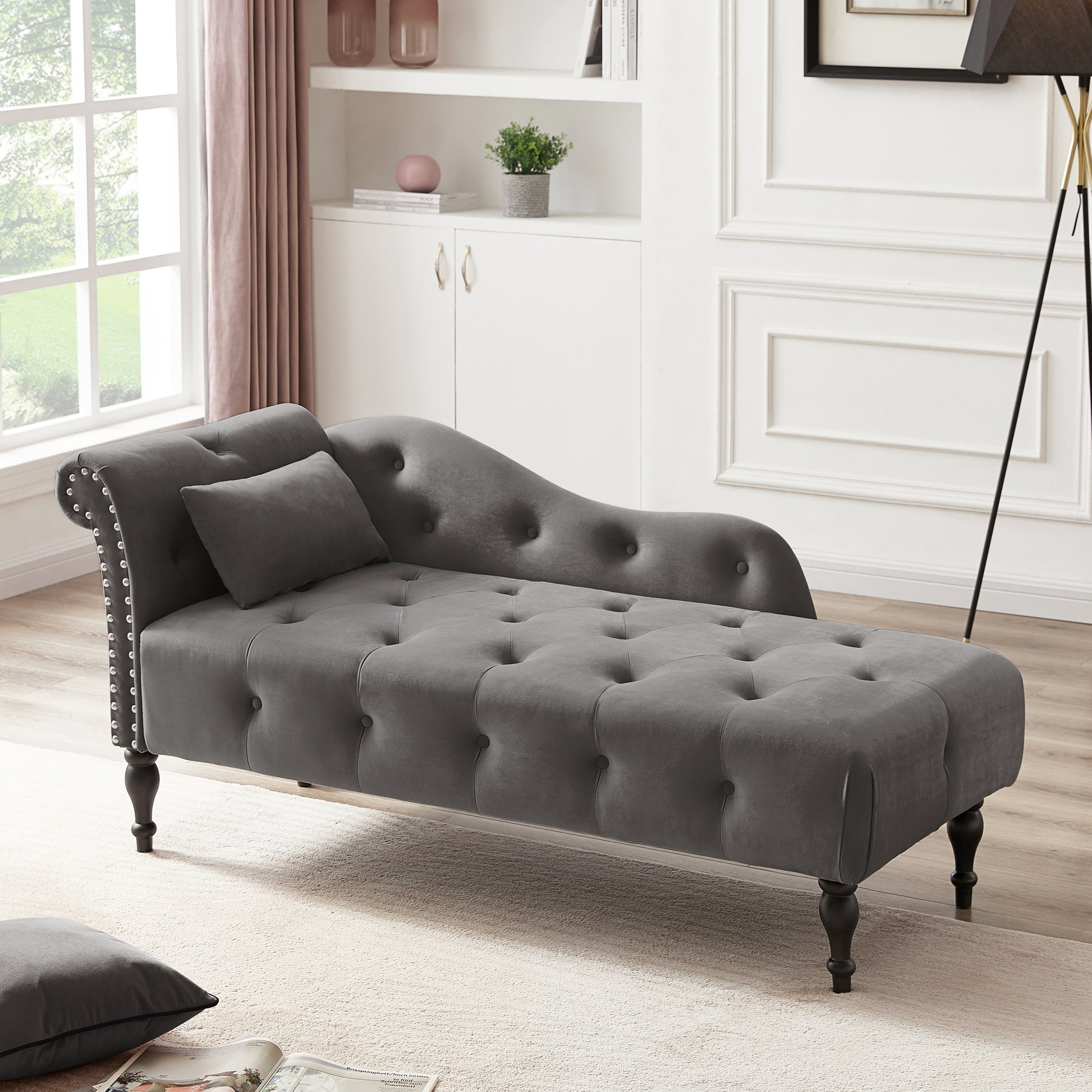 Aijia 60.6" Velvet Chaise Lounge Buttons Tufted Trimmed Solid Wood Legs With 1 Pillow,Grey Left Arm Design As Shown In The Picture Grey Velvet