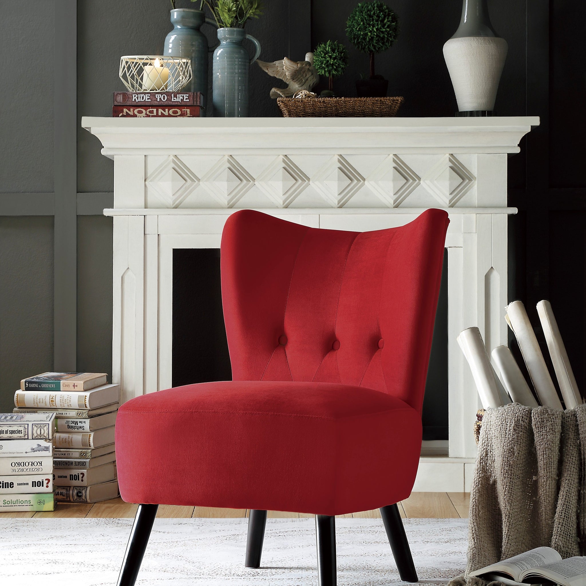 Unique Style Red Velvet Covering Accent Chair Button Tufted Back Brown Finish Wood Legs Modern Home Furniture Red Primary Living Space Modern,Retro Solid Wood