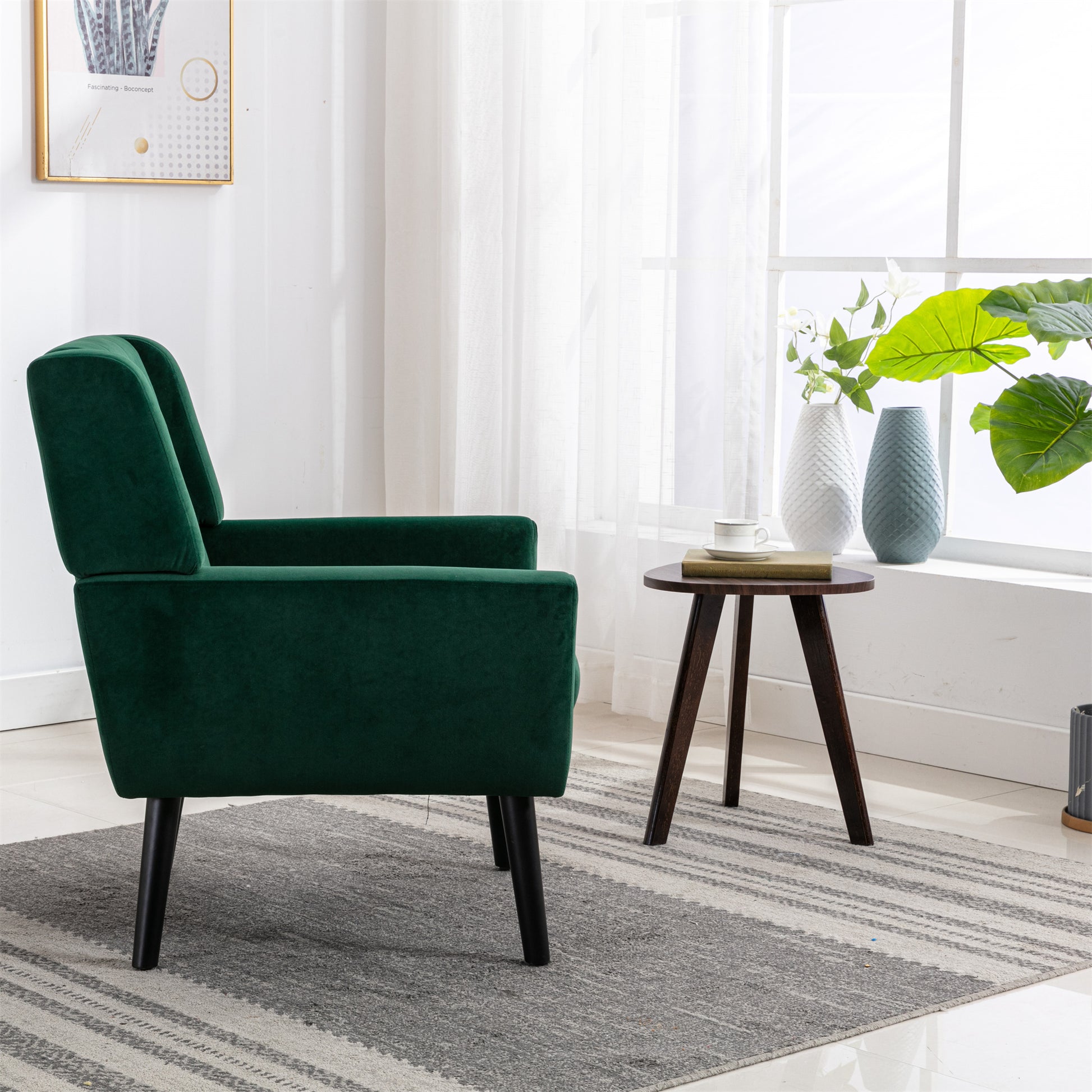 Modern Soft Velvet Material Ergonomics Accent Chair Living Room Chair Bedroom Chair Home Chair With Black Legs For Indoor Home Retro Green Foam Upholstered