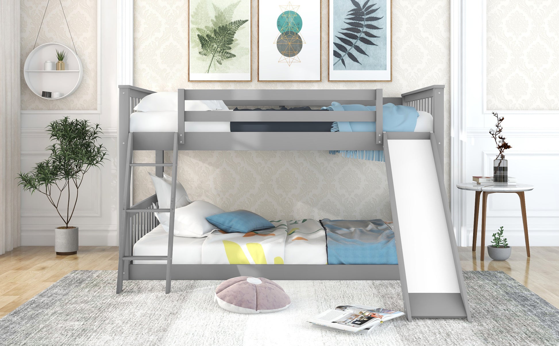 Full Over Full Bunk Bed With Convertible Slide And Ladder, Gray Gray Pine