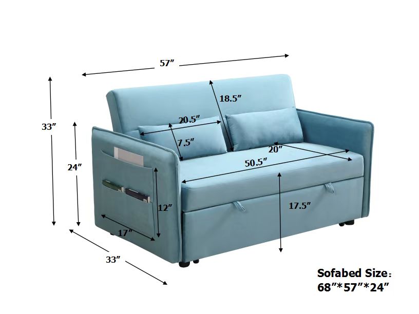 Mega Pull Out Sofa Bed, Modern Adjustable Pull Out Bed Lounge Chair With 2 Side Pockets, 2 Pillows For Home Office Blue Foam Fabric