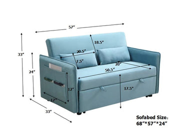 Mega Pull Out Sofa Bed, Modern Adjustable Pull Out Bed Lounge Chair With 2 Side Pockets, 2 Pillows For Home Office Blue Foam Fabric