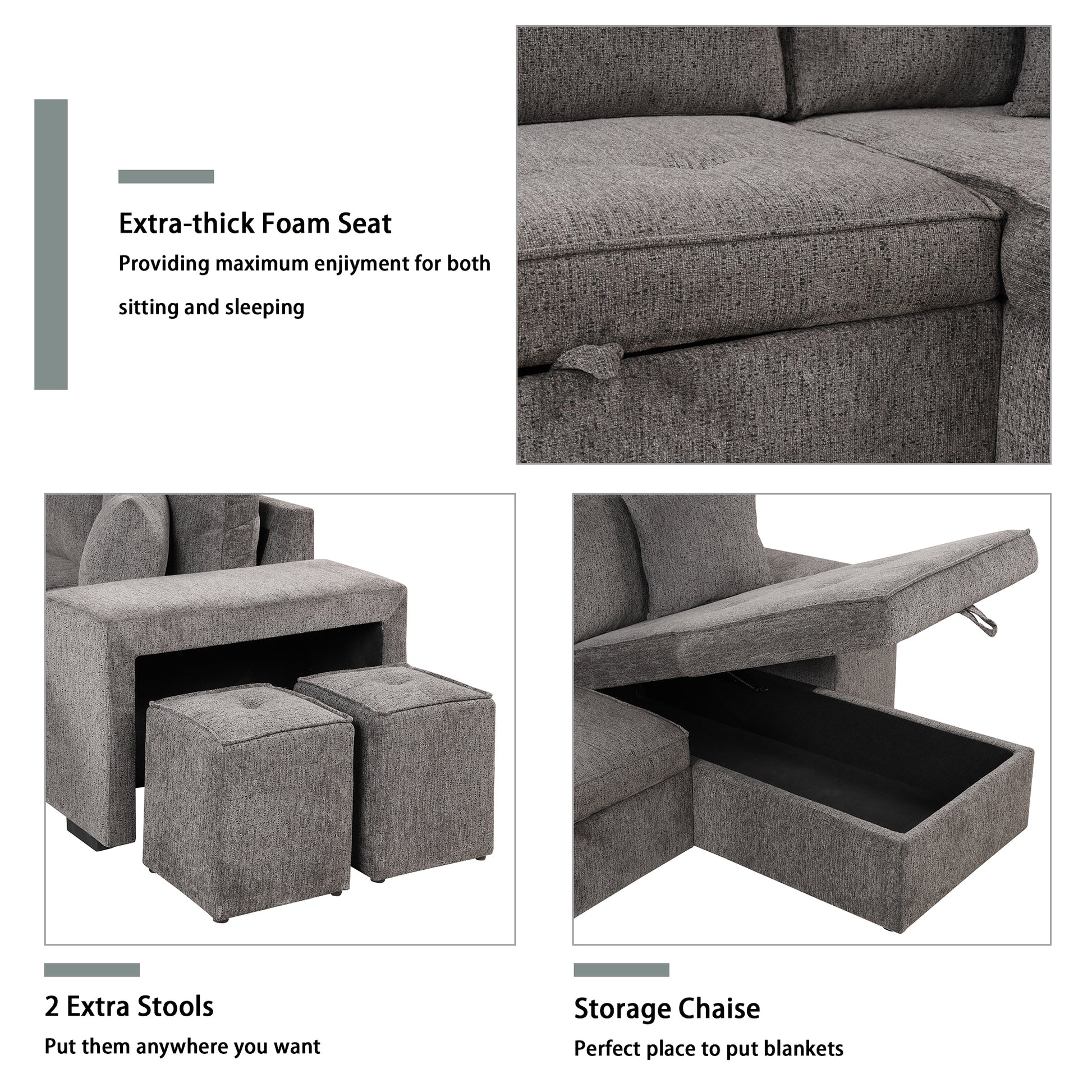 104.5" Modern L Shape 3 Seat Reversible Sectional Couch, Pull Out Sleeper Sofa With Storage Chaise And 2 Stools For Living Room Furniture Set,Knox Charcoal Old Sku:Sg000431Aaa Knox Charcoal Foam Linen 3 Seat