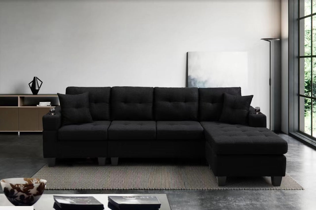 Mega Right Sectional Sofa With Footrest, Convertible Corner Sofa With Armrest Storage, Living Room And Apartment Sectional Sofa, Right Chaise Longue And Grey Black Foam Fabric