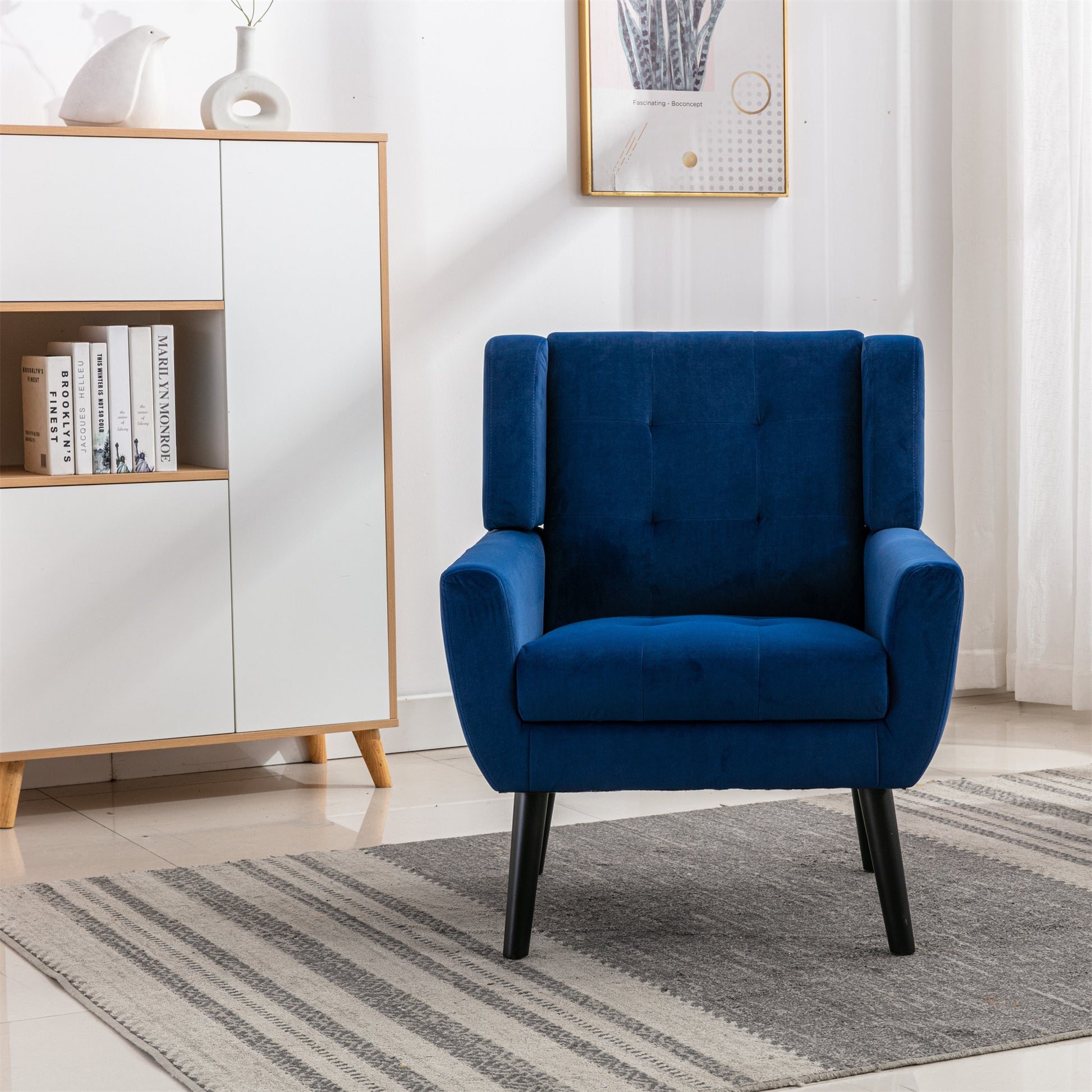 Modern Soft Velvet Material Ergonomics Accent Chair Living Room Chair Bedroom Chair Home Chair With Black Legs For Indoor Home Blue Foam Upholstered