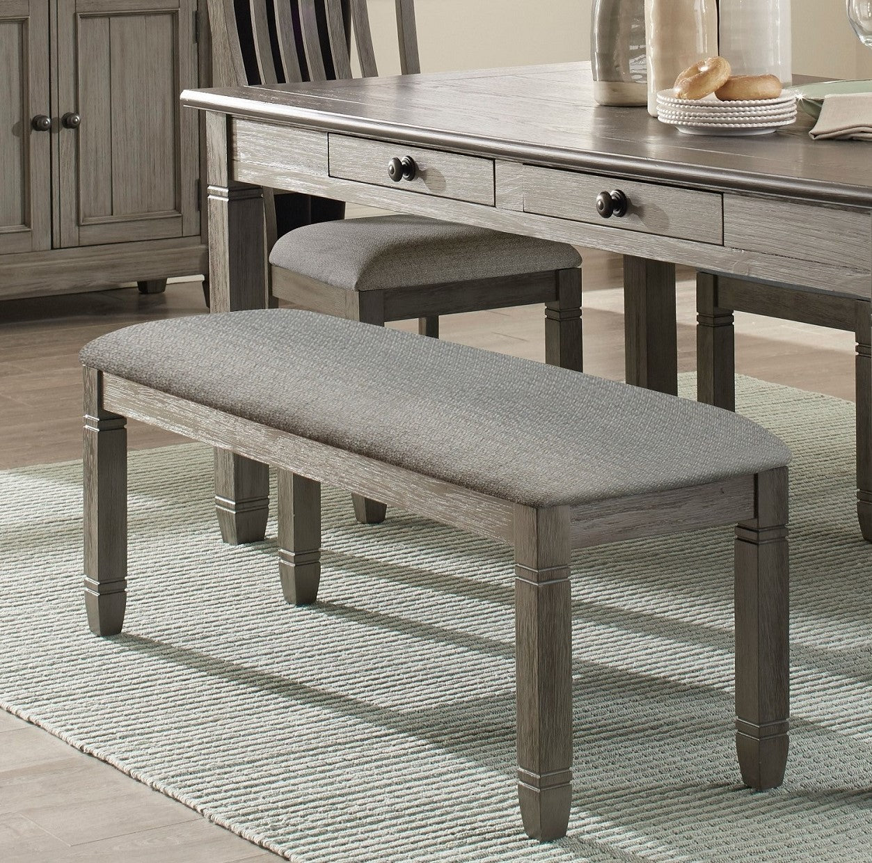 Antique Gray And Coffee Finish 6Pc Dining Set Table W 6X Drawers Upholstered Bench 4X Side Chairs Casual Country Style Dining Room Furniture Wood Wood Antique Gray Seats 6 Wood Dining Room 72 Inches Rectangular Dining Table With Chair And Bench Solid